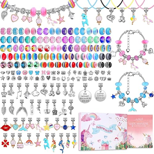 Kit de 180 piezas para hacer pulseras con dijes para niñas, juego de regalos de unicornio de sirena, kit de pulseras con dijes, suministros para