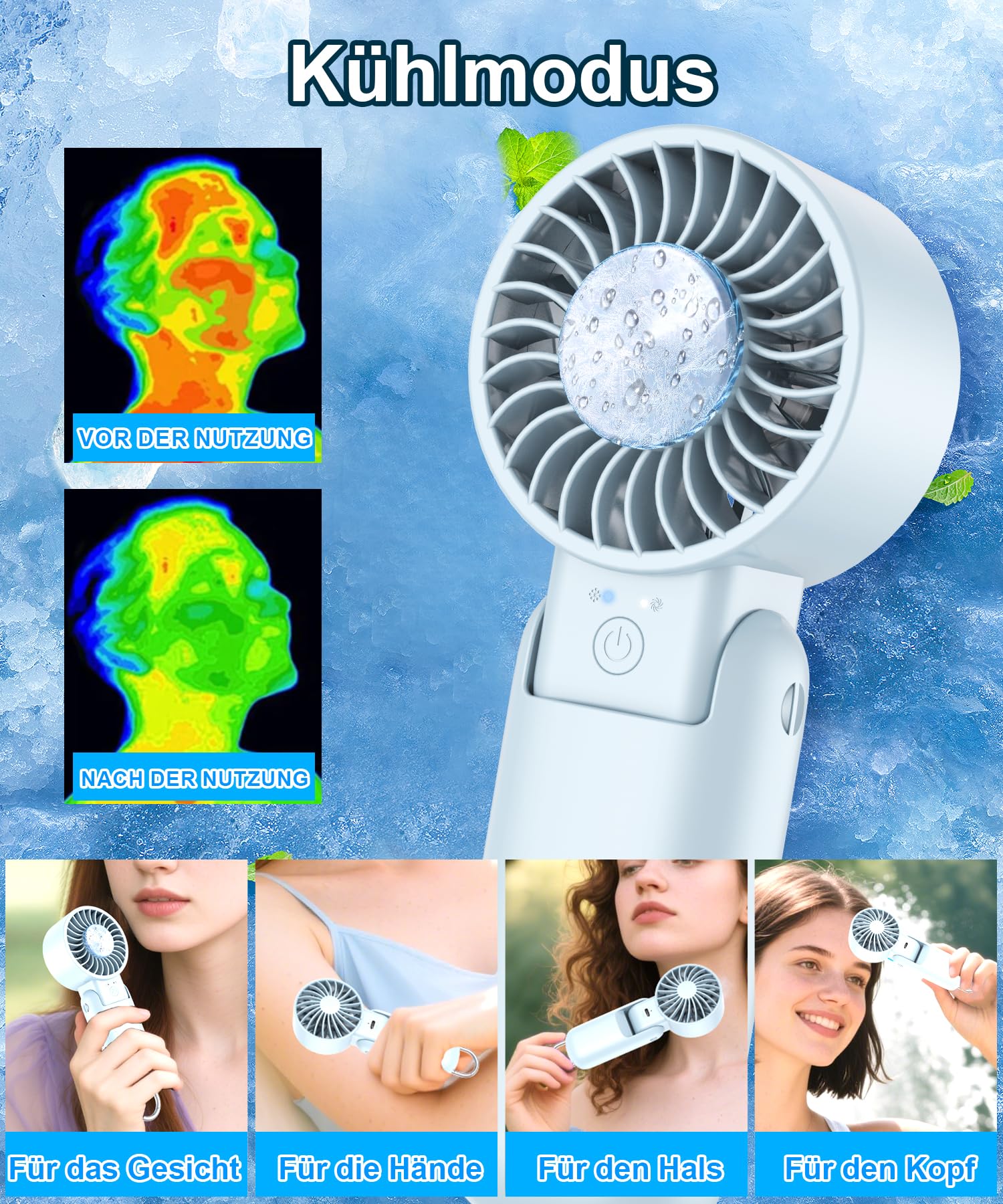 Handventilator mit Kühlfunktion, Mini Ventilator Tragbar Akku Wiederaufladbar, Faltbar USB Tischventilator, Taschenventilator Leise 5 Stufen, Kleiner Reiseventilator für Outdoor, Sport - Blau F2606