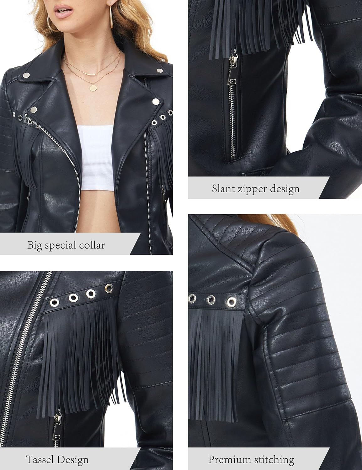 XULIKU Women Short Faux Leather Moto Jacket,Tassel Trim Lapel Zipper Up Pleather Coat Belted - Image 6