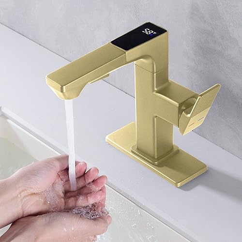 Miniatura 3 de Grifo de lavabo de baño LED dorado, grifo de baño dorado con rociador extraíble, pantalla digital de temperatura, grifo de tocador de baño de una