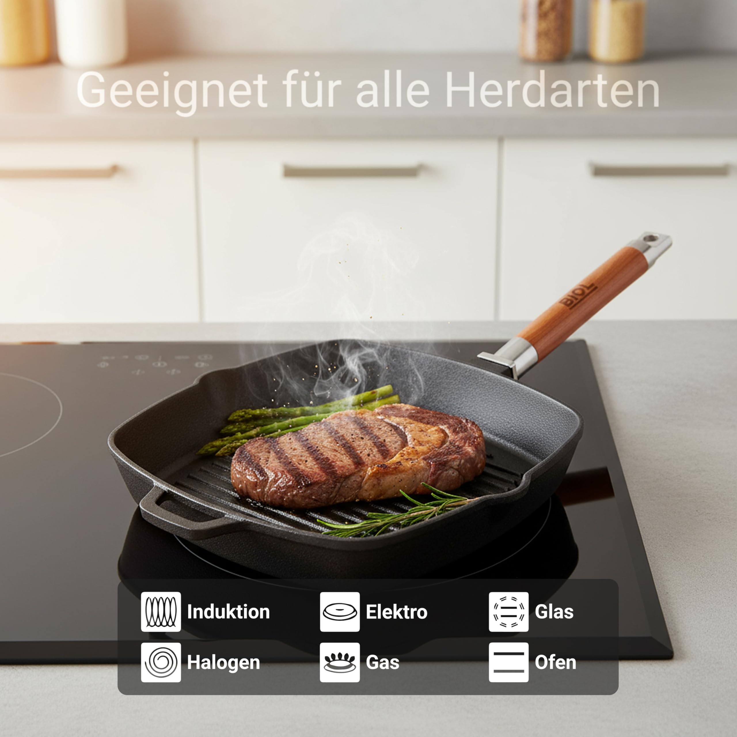 BIOL Grillpfanne 26x26 cm aus emailliertem Gusseisen – Gusseisen Grillpfanne Induktion mit abnehmbarem Holzgriff, quadratische Steakpfanne, ohne PTFE