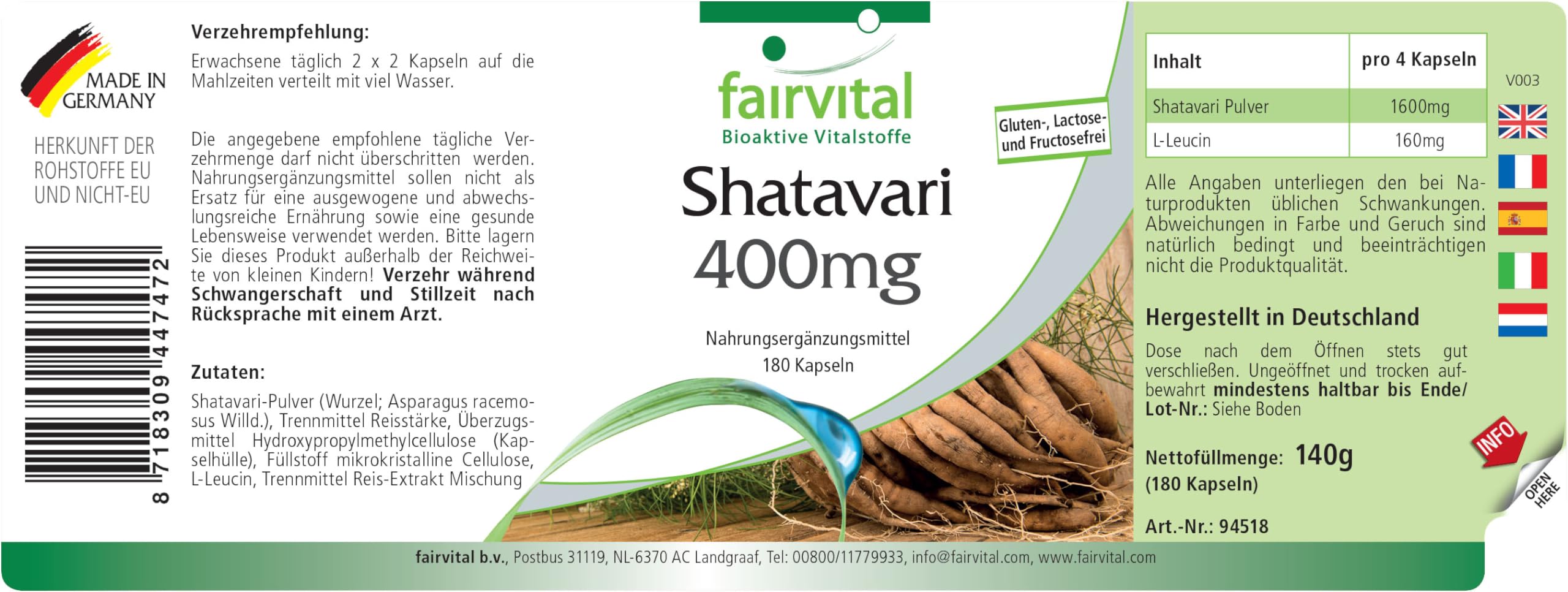 fairvital Shatavari 400mg, 180 gélules, HAUTEMENT DOSÉ, 400mg par gélule, VÉGÉTALIEN, Asparagus racemosus, asperge indienne