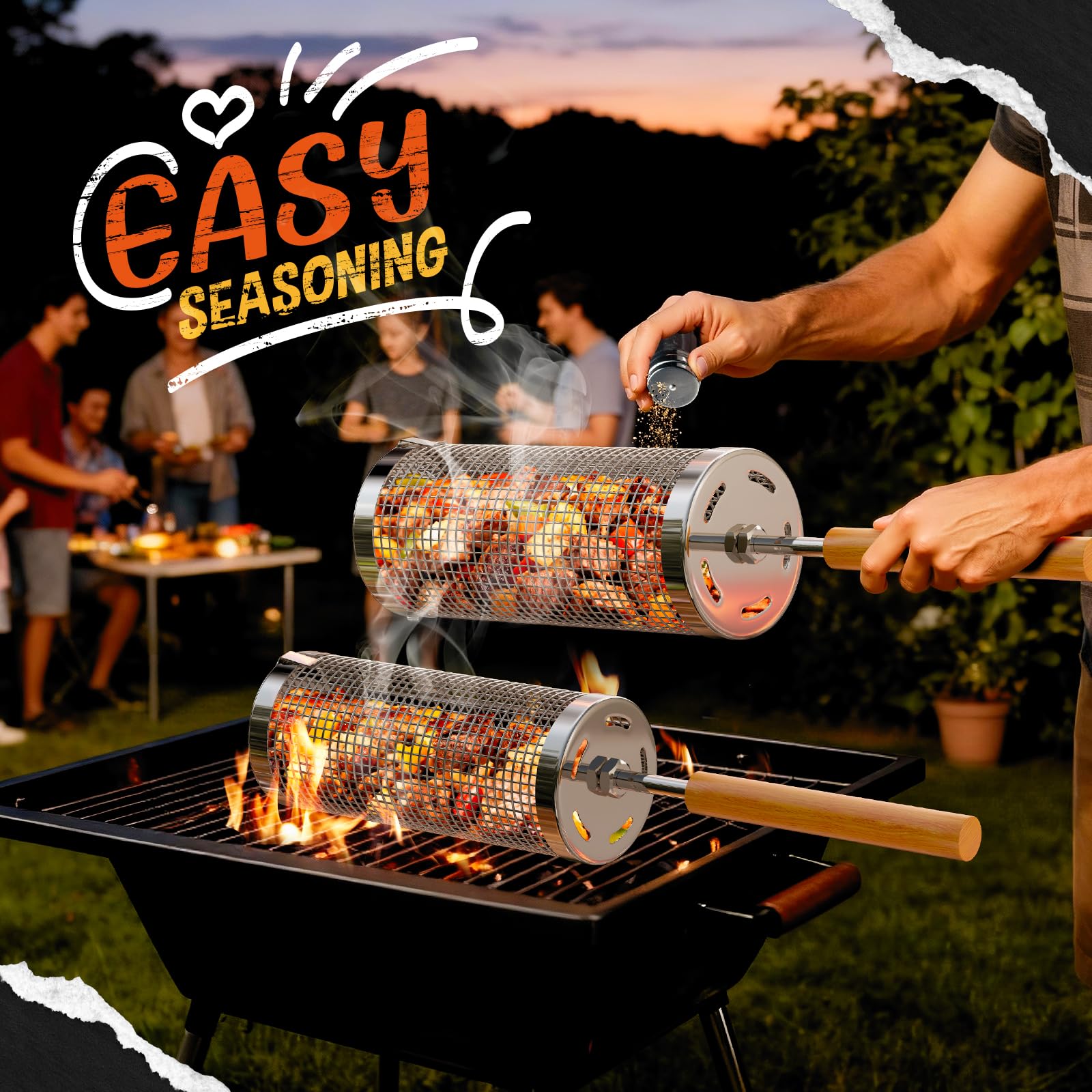 Rollendes Grillkorb Set Edelstahl 304Nestbar Grillzubehör mit Abnehmbarer Holzgriff, Perfektes Männer Geschenk für Vater Mutter Freund, Outdoor Küche Zubehör Grill Gemüse Meeresfrüchte Garten Camping