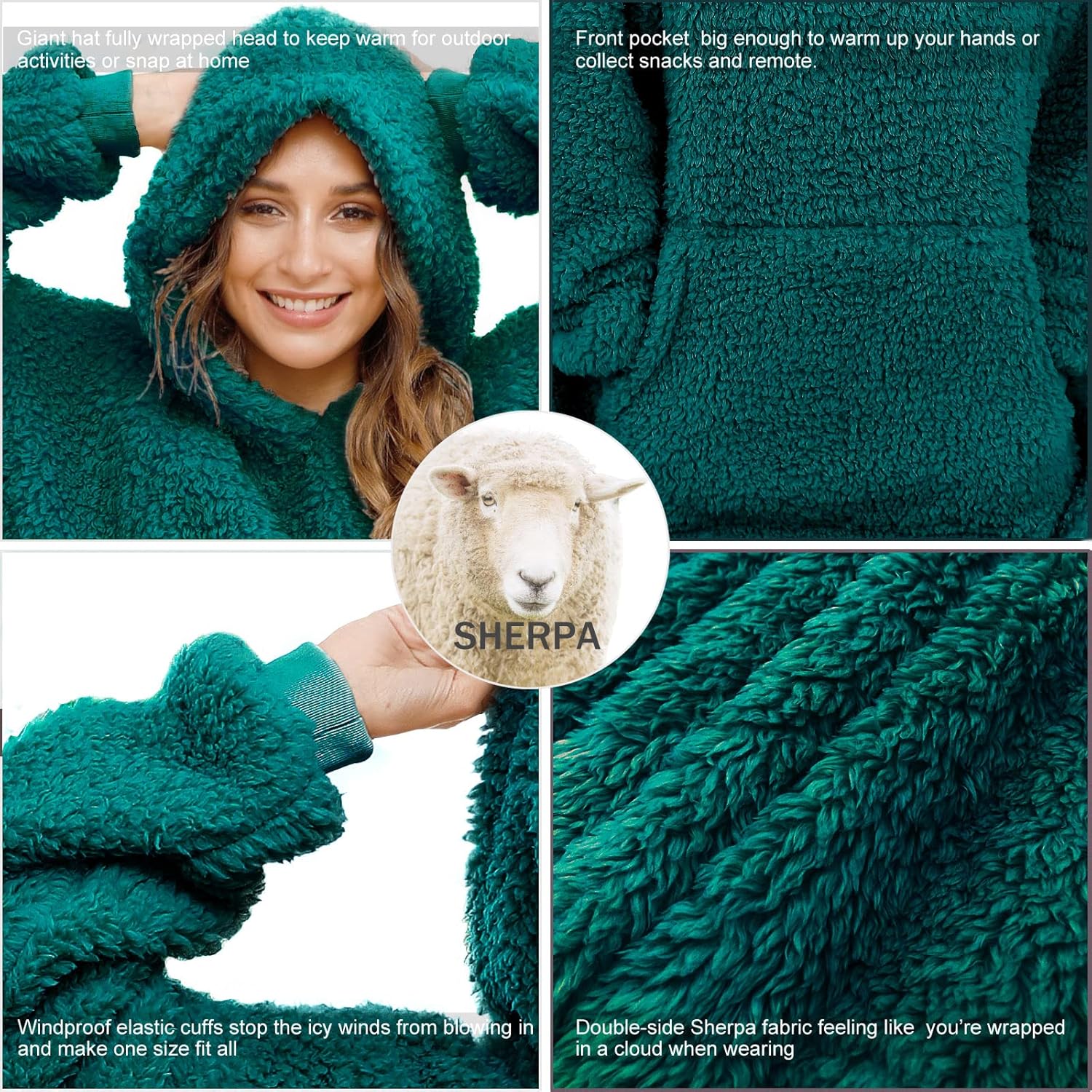 Oversized Sherpa Wearable Blanket Hoodie for Women Men,Long Comfortable Sherpa Blanket Sweatshirt Shaggy Pullover Plush Warm Cozy Blanket One Size Fits All Malachite - Image 5