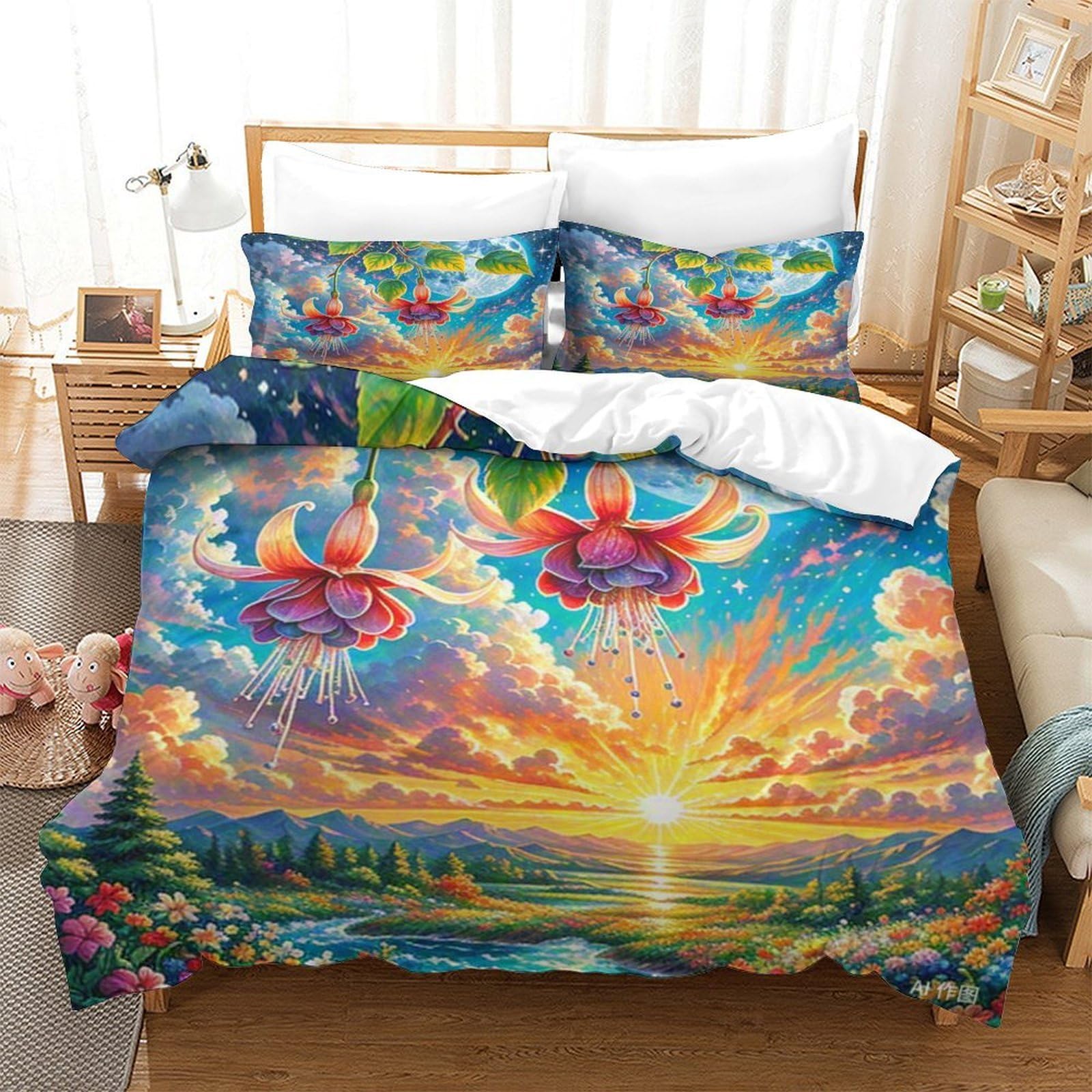 Housse de couette fuchsia 3D anti-plis : parure de lit microfibre douce lit enfant et adolescent