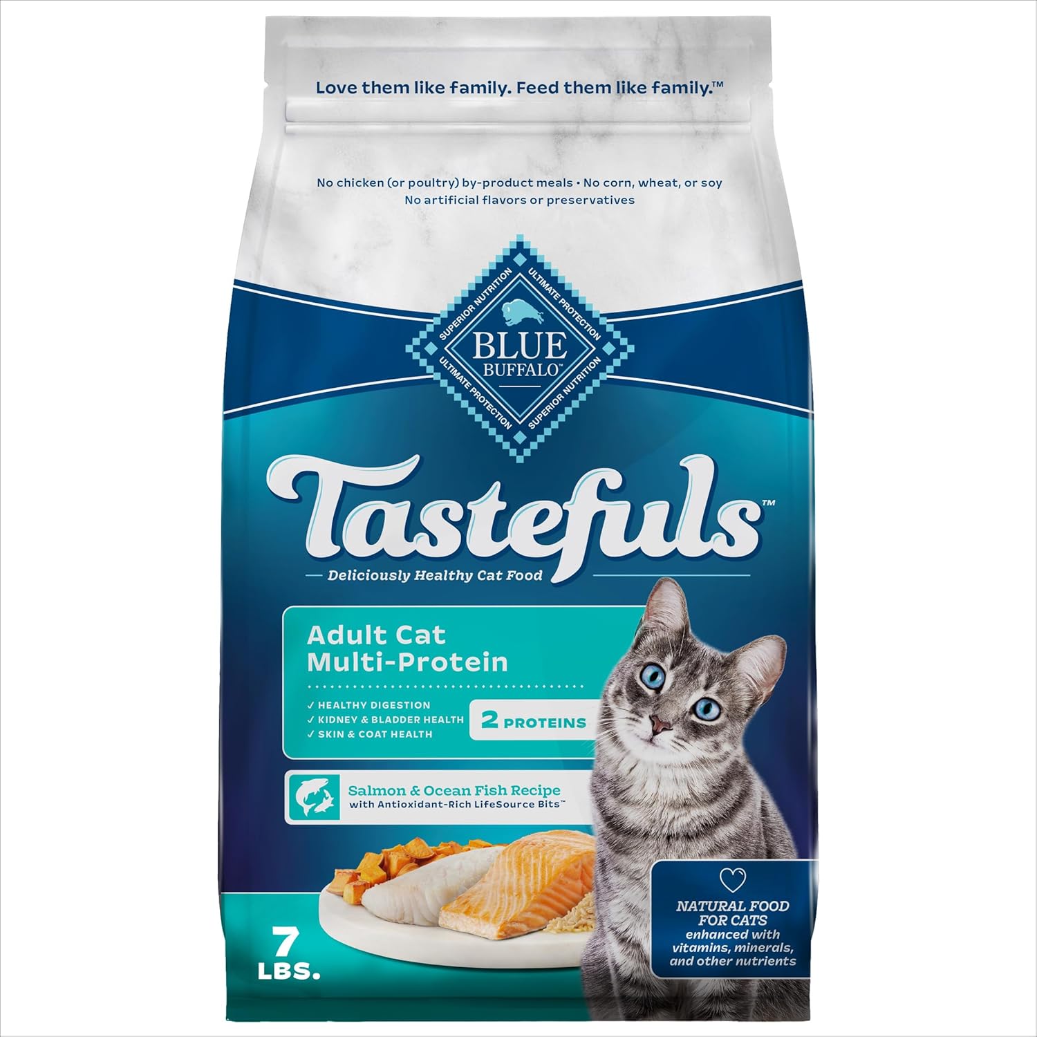 Blue Buffalo Tastefuls Adult Cat Dry Food, Multi-Protein Salmon & Ocean Fish Recipe, 7-lb. Bag Salmon & Ocean Fish 7 Pound (Pack of 1)