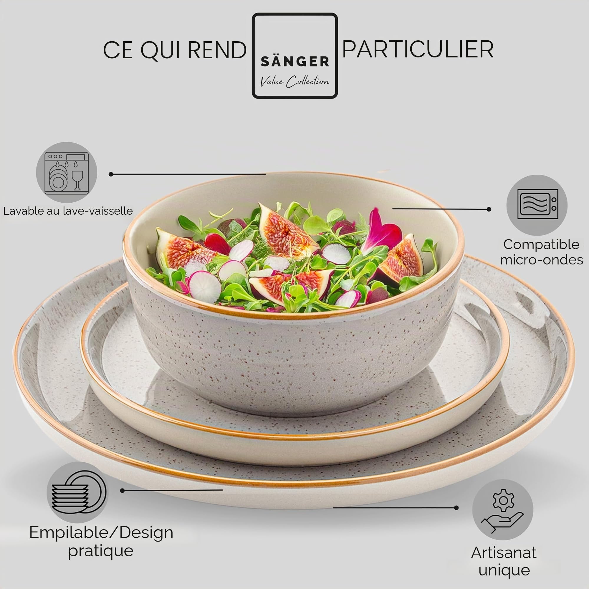 SÄNGER Value Collection Rio - Service de table 18 pièces en faïence pour 6 personnes - 6 assiettes plates, 6 assiettes à dessert - 6 bols et bols gris