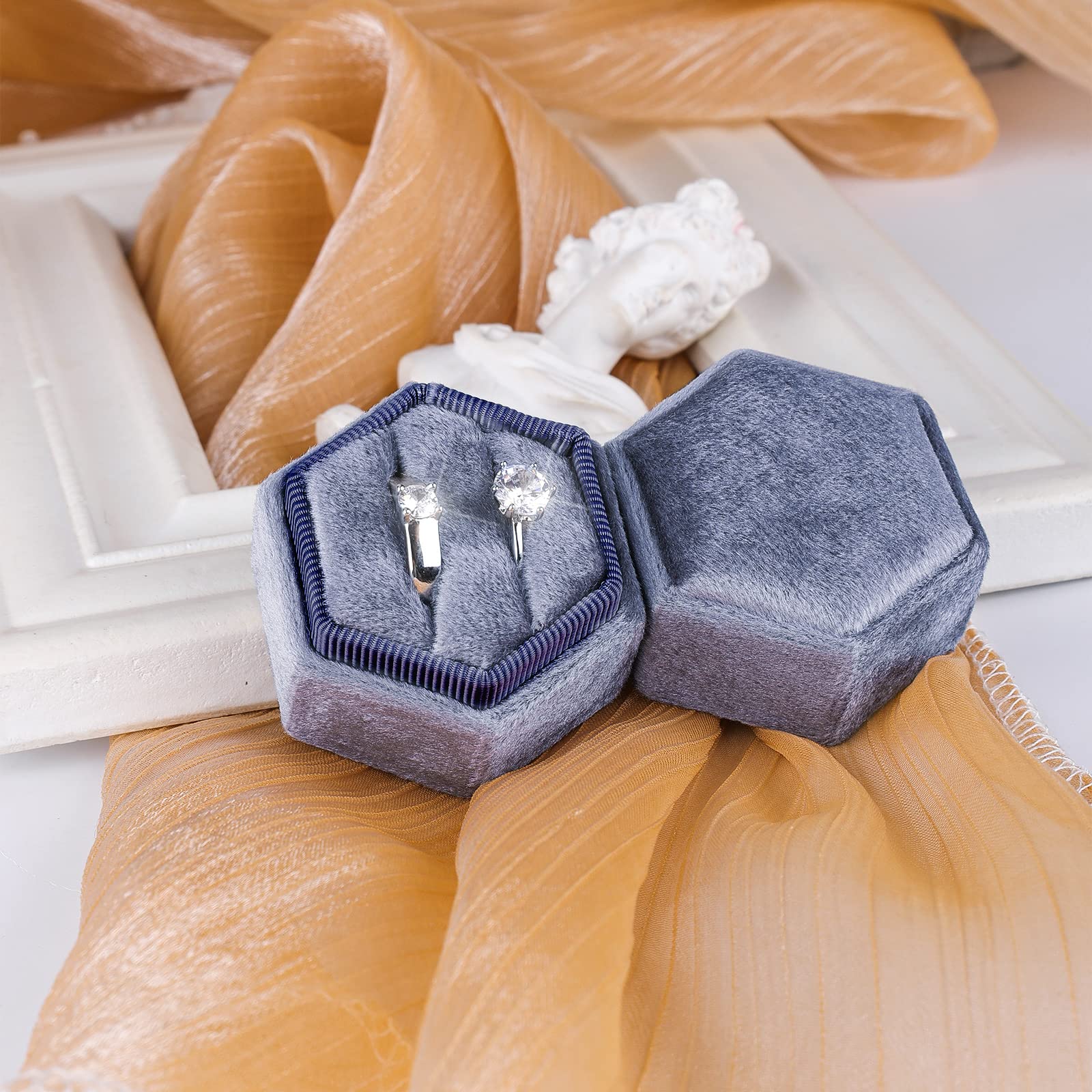 Scatola Per Anelli In Velluto Esagonale - 2 Scomparti, 5,5x5x4,5 Cm, Per Proposte, Matrimoni, Regalo Elegante (nero)
