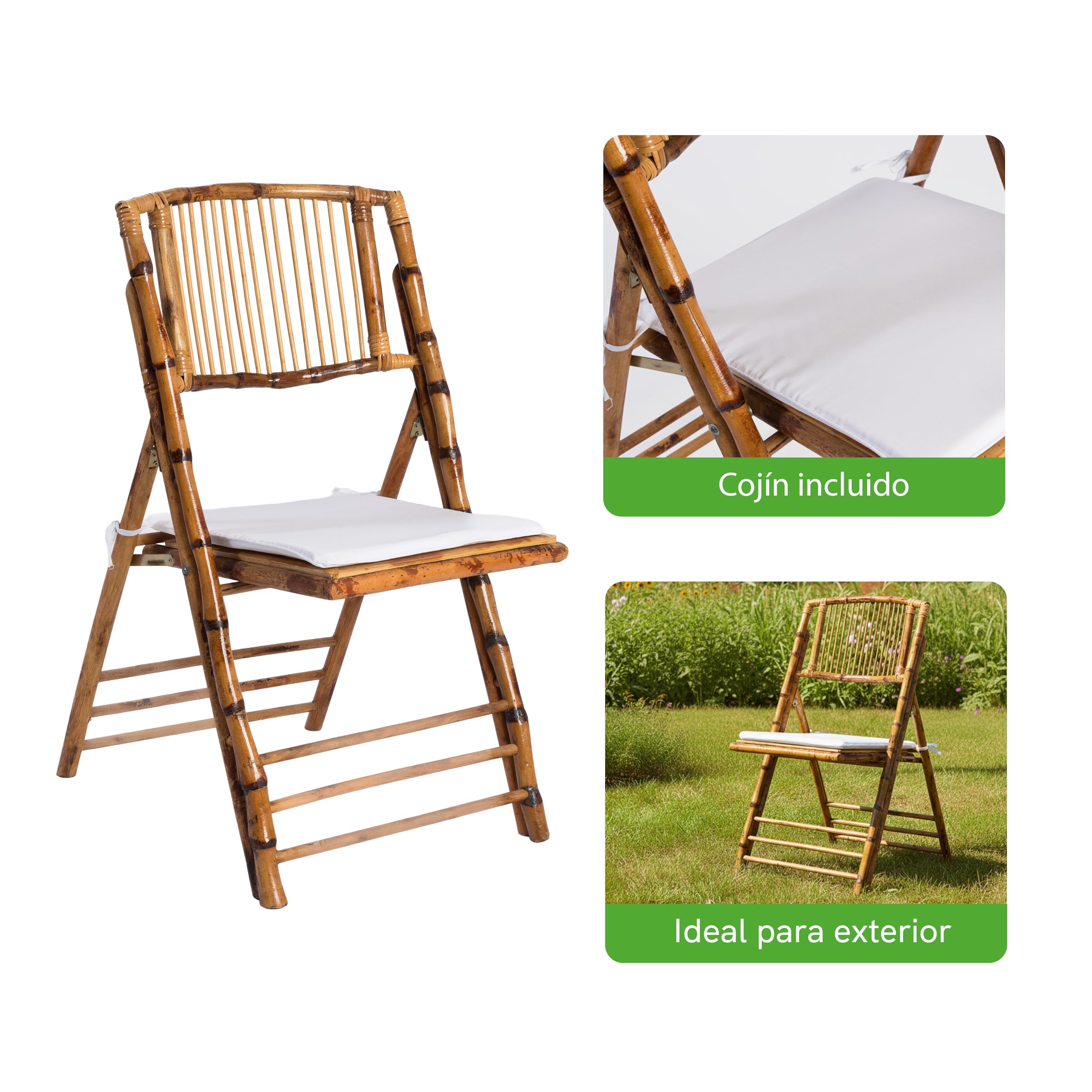 Silla de Madera de Bambú Plegable con Cojín Incluido para Jardín, Hostelería y Eventos. Certificado de Calidad y Diseño Ligero para Catering al Aire Libre. (2)