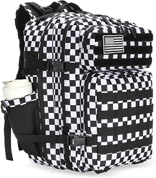 Lovelinks21 45L Tactical Assault Backpack 3 day assault pack with Molle Waterproof backpack Rucksack for Tactical Backpacks Black and white check