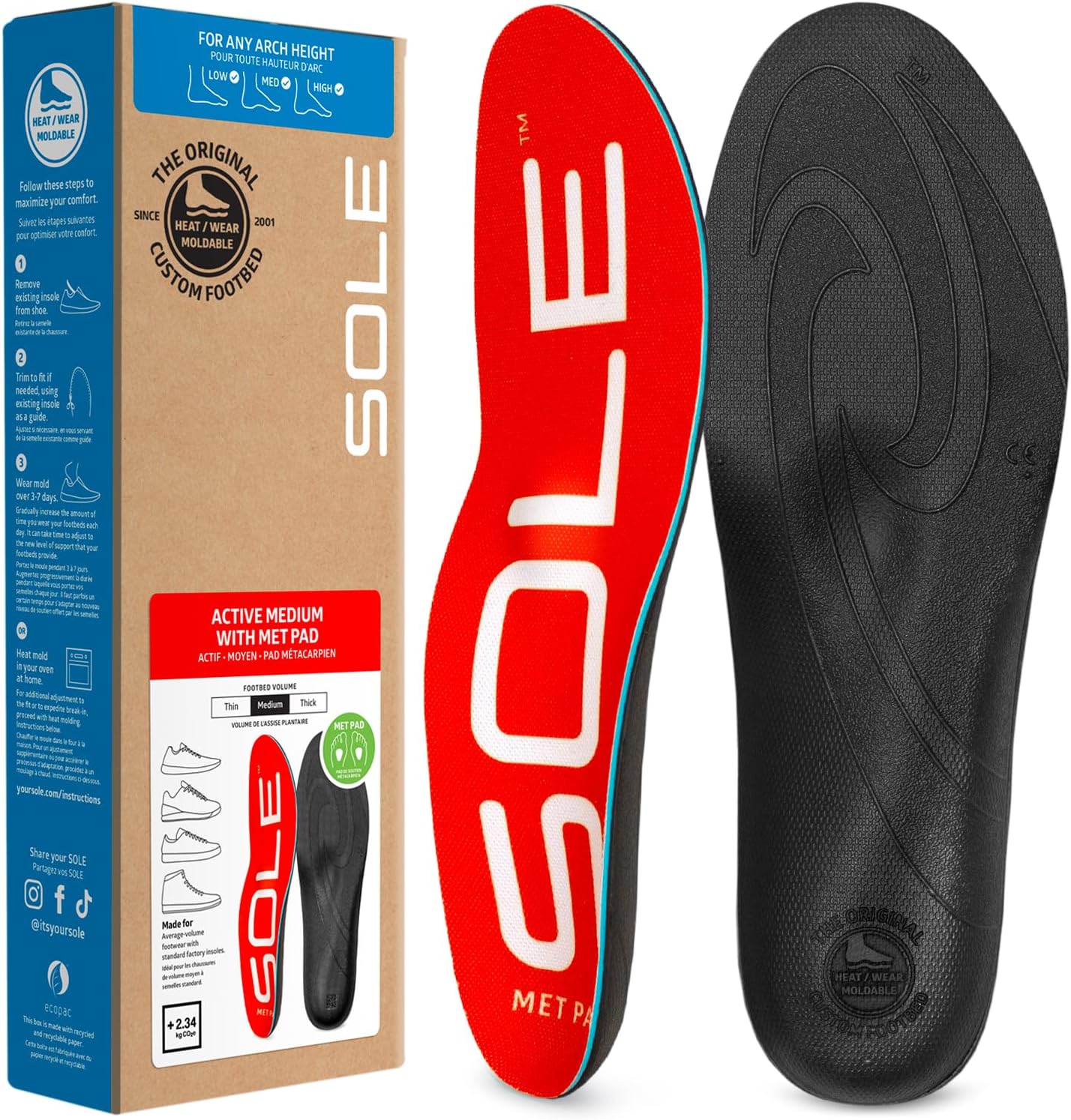 SOLE Active Medium Insoles - Custom Moldable Orthotic Support for Any Arch Type, Plantar Fasciitis Relief - Multiple Sizes
