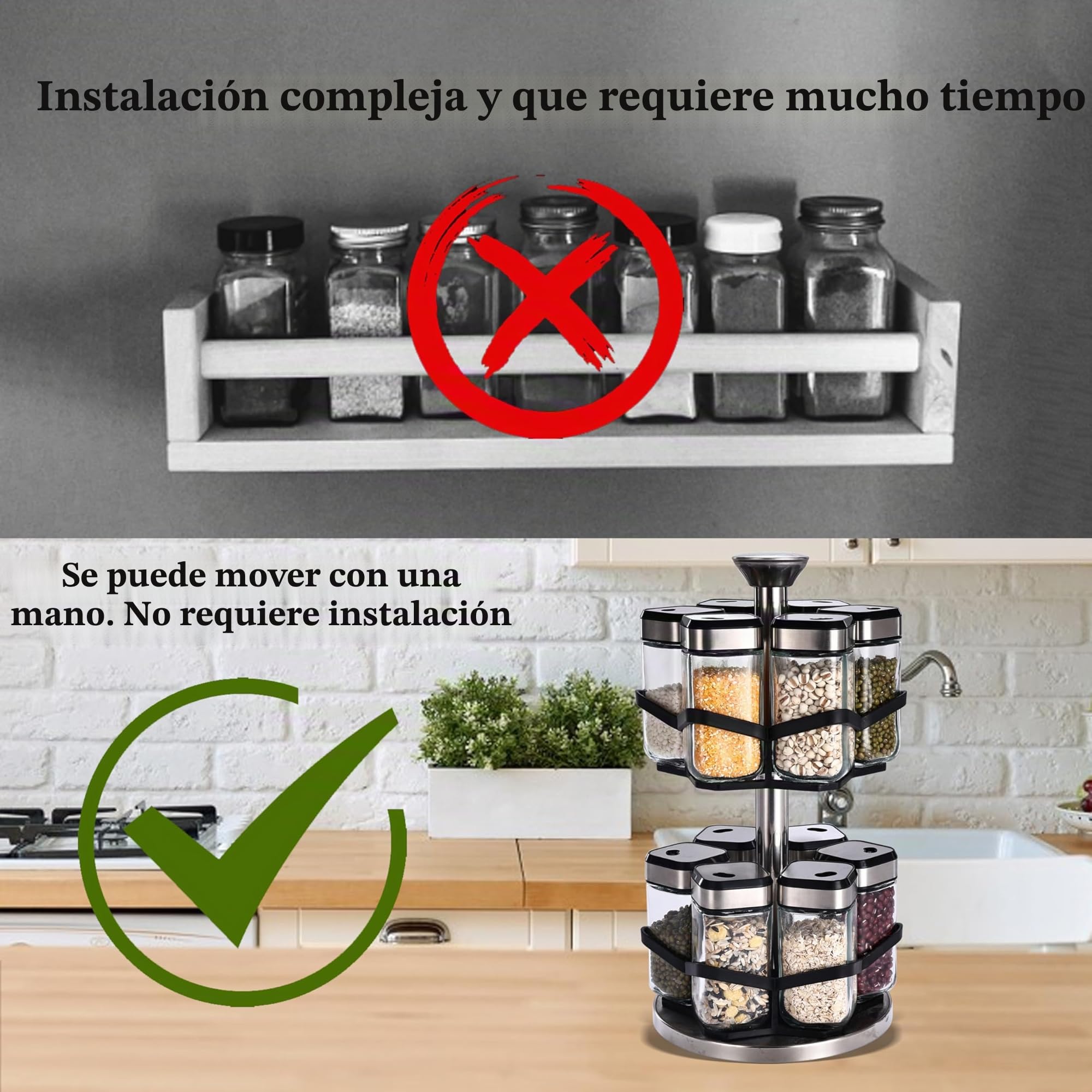 SAEIV Carro de especias giratorio de dos pisos de 360° con 12 tarros de especias de 120ml, elige el tamaño de agujero de 360°, carro de especias giratorio, organizador de especias de acero inoxidable