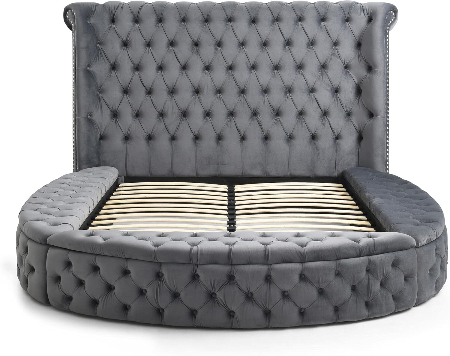 Better Home Products Elizabeth 91 x 101 Velvet Round Storage Queen Bed in Gray