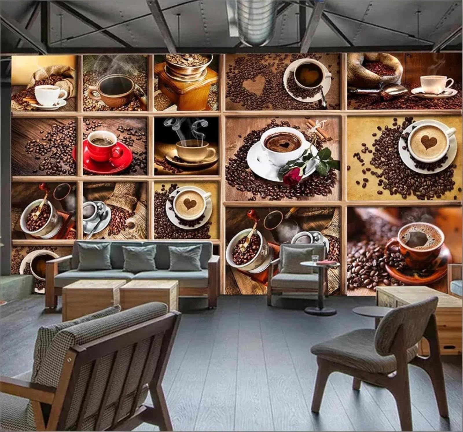 Xlming 300Cm×210Cm(B×H) Retro Creative Coffee Beans Coffee Cup Café 3D Wallpaper Luxury Home Dining Decor Paste Sofa Living Room The Wall For Bedroom Mural-300Cm×210Cm