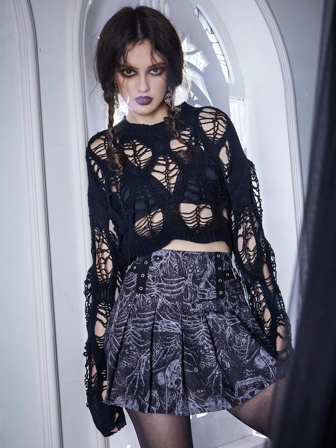 Women's Sweater Solid Cut-Out Crop Sweater Sweater for Women (Color : Black, Size : Medium)