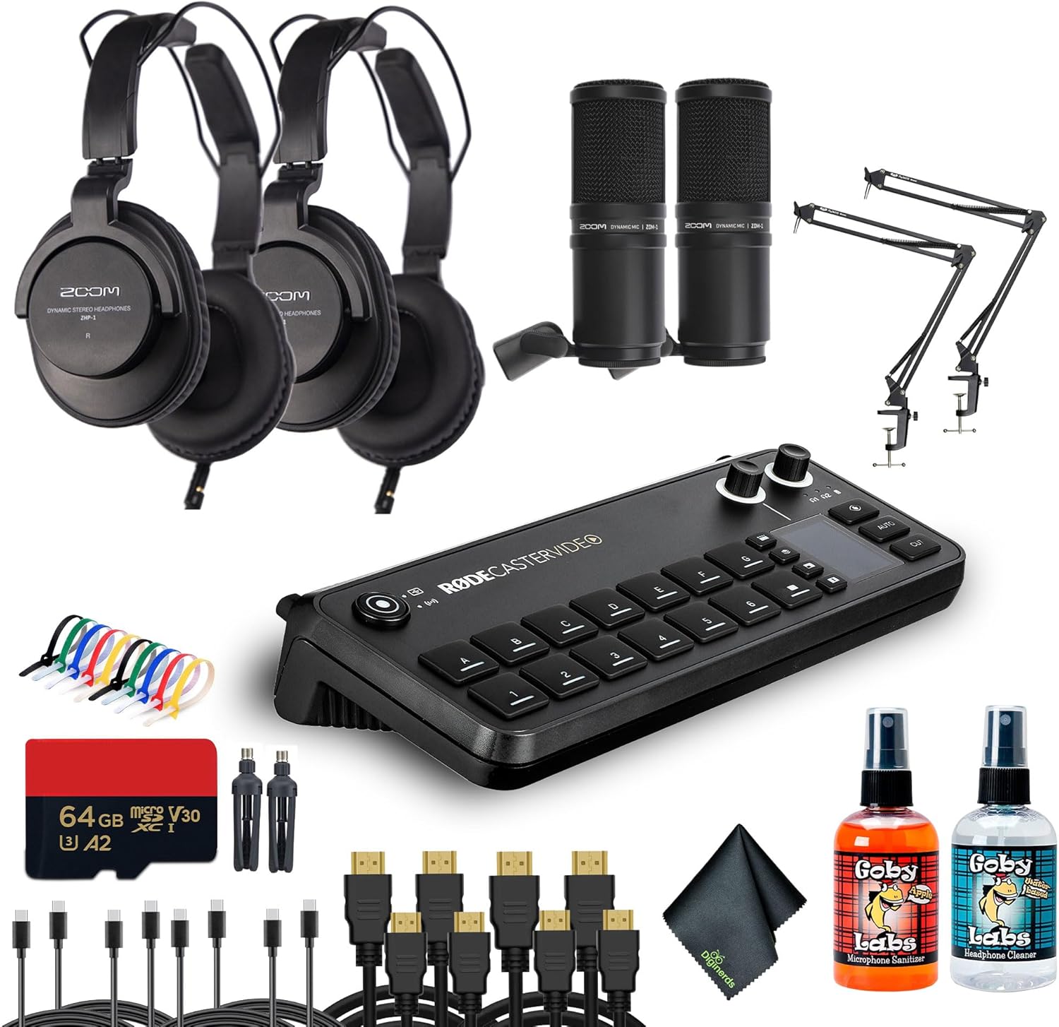 RODECaster Video All-in-One Production Console + 2x Professional Studio Headphones + 2x Podcast Microphone + 2 x Mic Arm + 64GB Micro SD Memory Card + 4x USB-C + 4x Video Cable + More (Bundle)