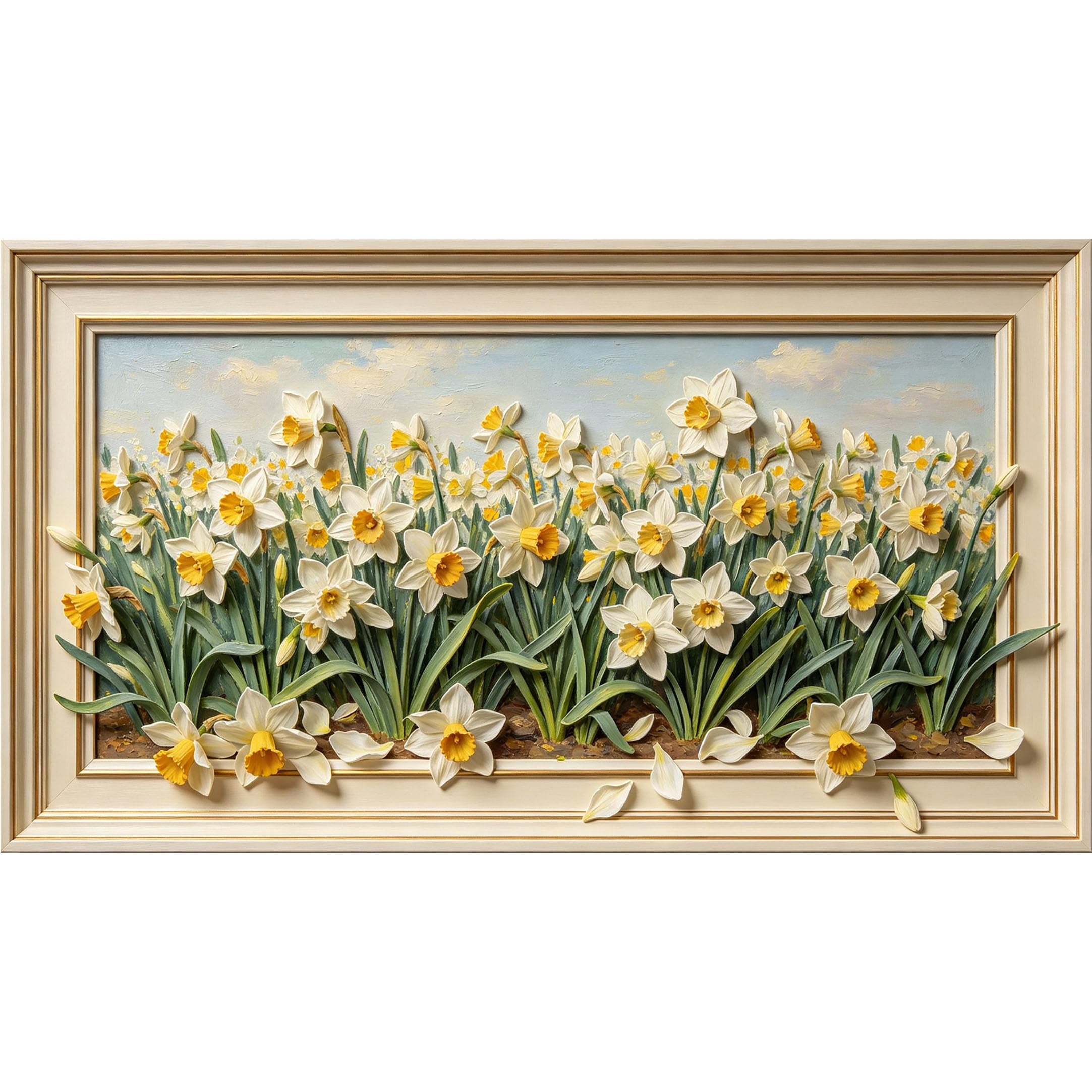 QZLITHOTIC 50x90cm3D Framed Wall Art， Botanical Daffodil Meadow Self‑Adhesive Mural， Water‑Activated Peel & Stick Fabric Decor Wall Decal for Bedroom Living Room