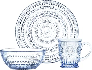 Yungala Blue Glassware Set – Includes 4 Small Blue Plates, 4 Vintage Hobnail Glass Bowls, and 4 Pressed Glass Mugs with Sunflower Design for Elegant Serving and Everyday Use