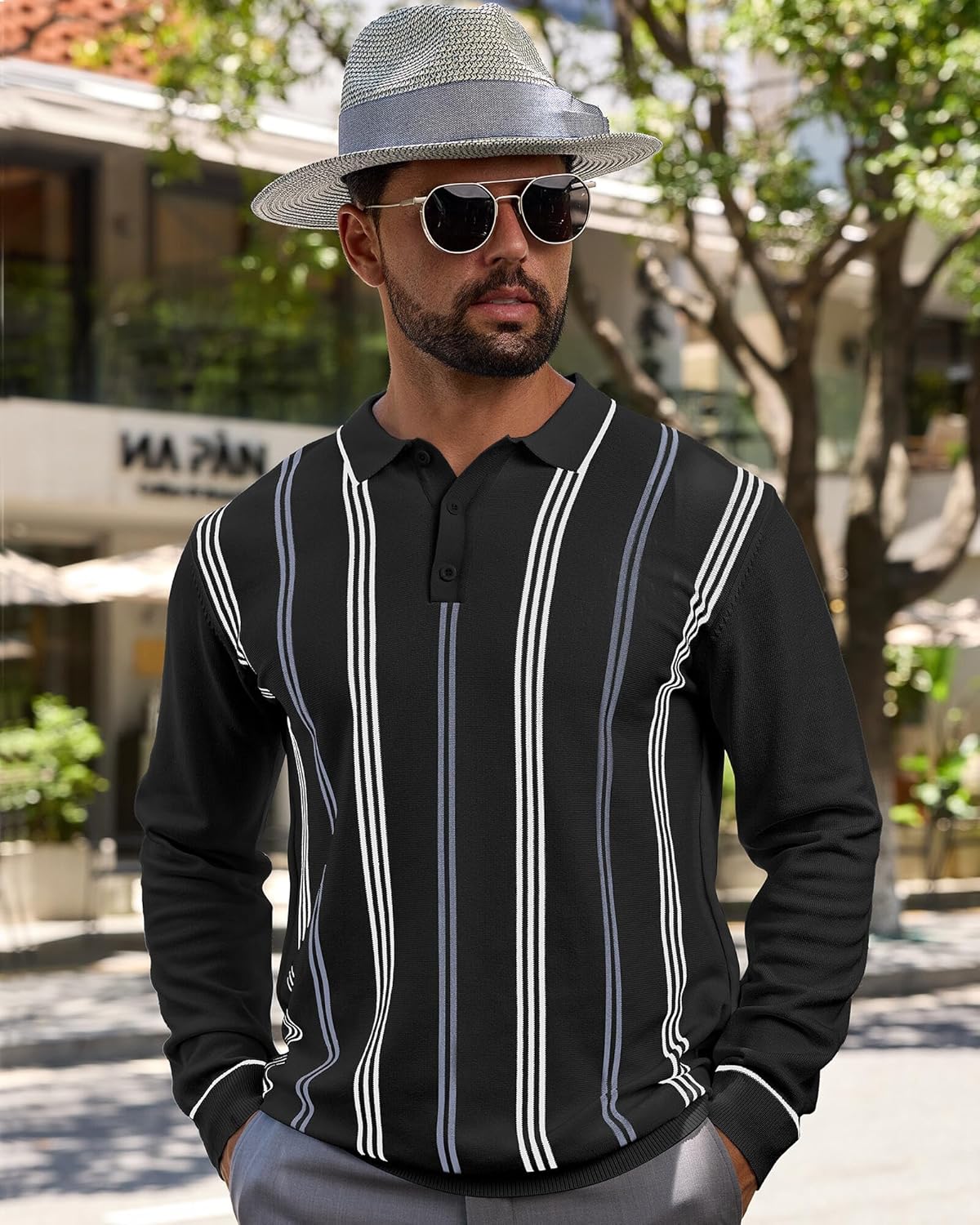 Lexiart Mens Knit Polo Shirt Striped Dressy Thermal Basic Button Collar Long Sleeve Sweater - Image 5
