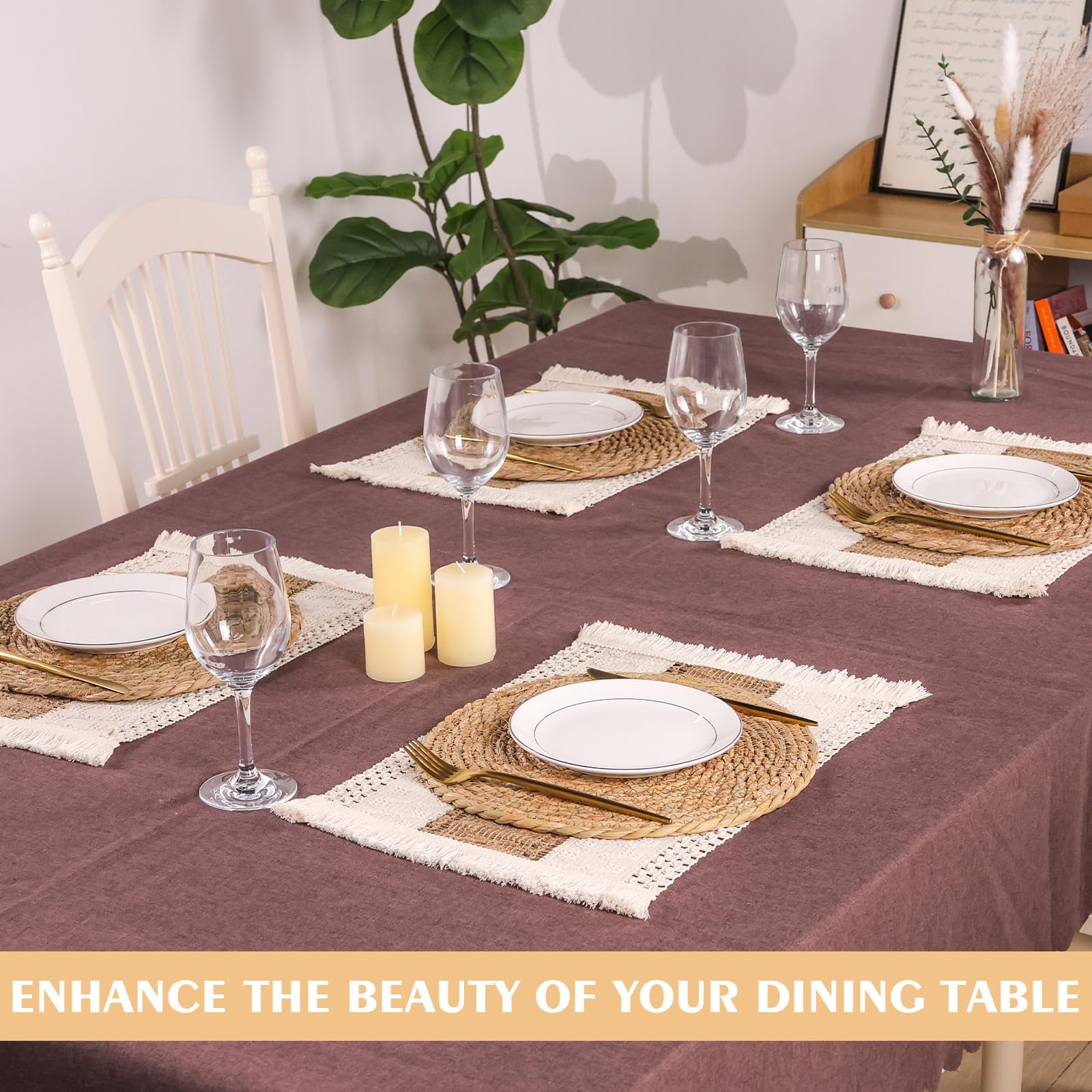 Juego de 4 manteles individuales bohemios hechos a mano para cocina, mesa de comedor, centro de mesa, decoración de centro de mesa, arpillera de algodón natural y paja de agua (juego de 4 manteles