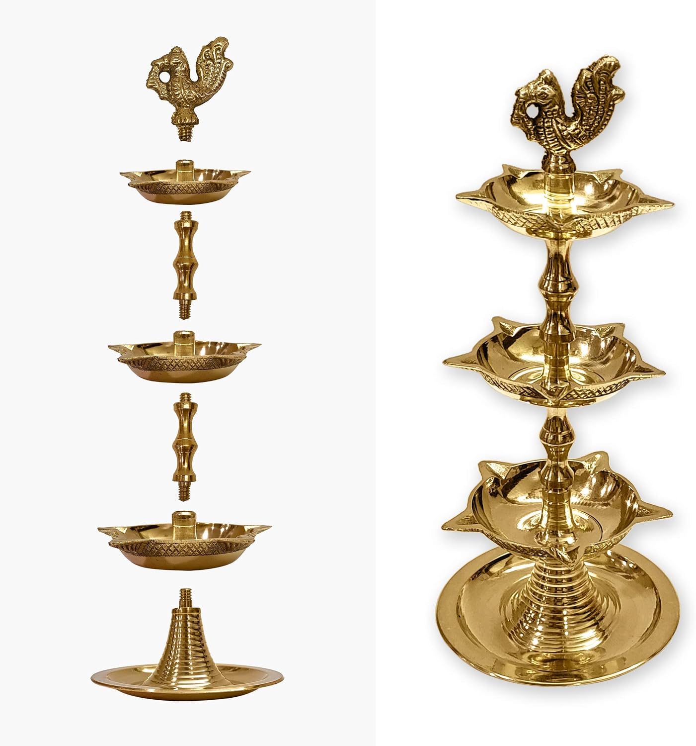 SATVIK Standing Brass Kerala Samai Diwali Deepak for Puja Traditional Panchmahal Pooja Deepam Diya Oil Lamp Kutthu Vilakku Dia 3 in 1 Step Adjustable 8.5 inch Deepawali Indian Gift Item - Image 3