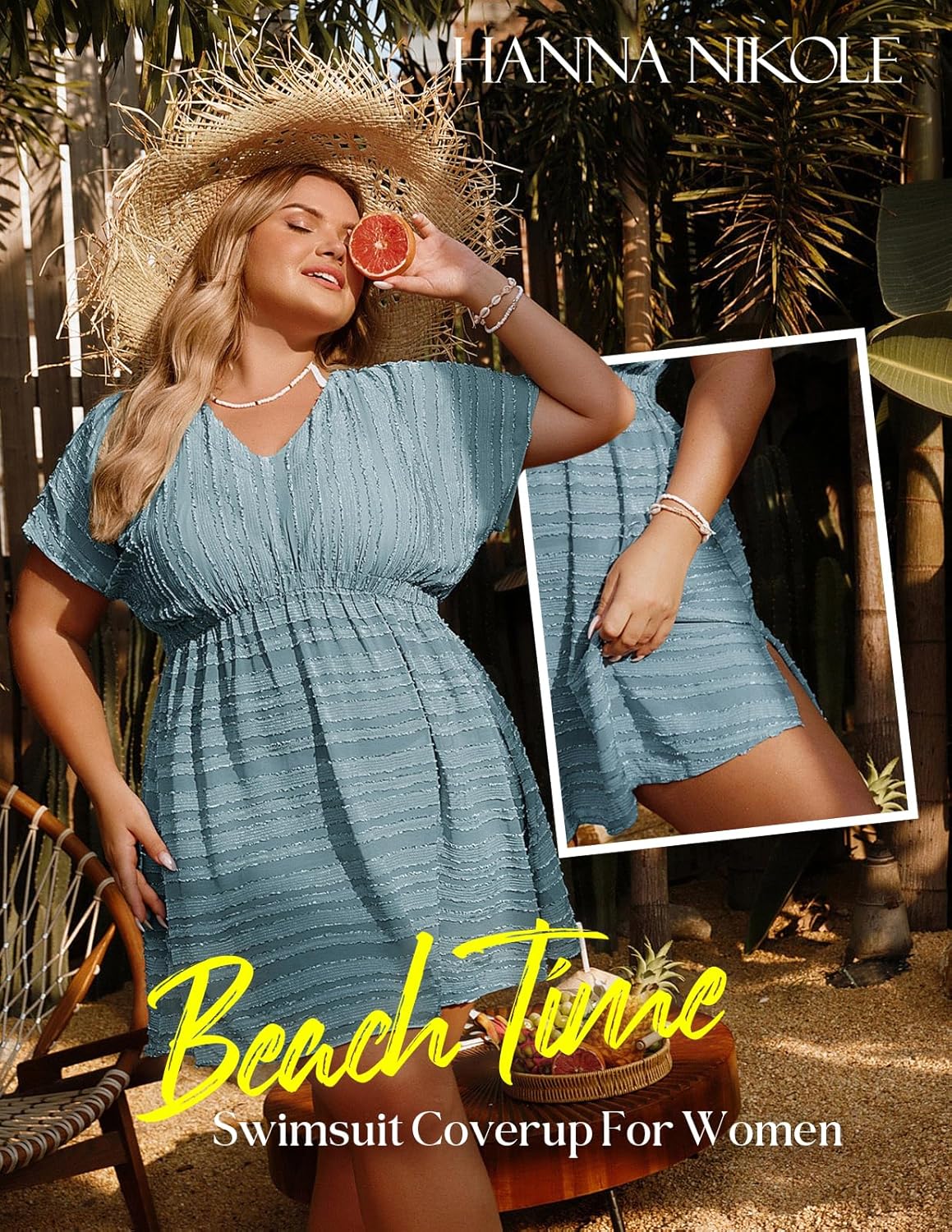 Hanna Nikole Plus Size Swimsuit Coverup, Textured Striped Elastic Waisted Coverups, V Neck Side Split Beach Cover Up - Image 2