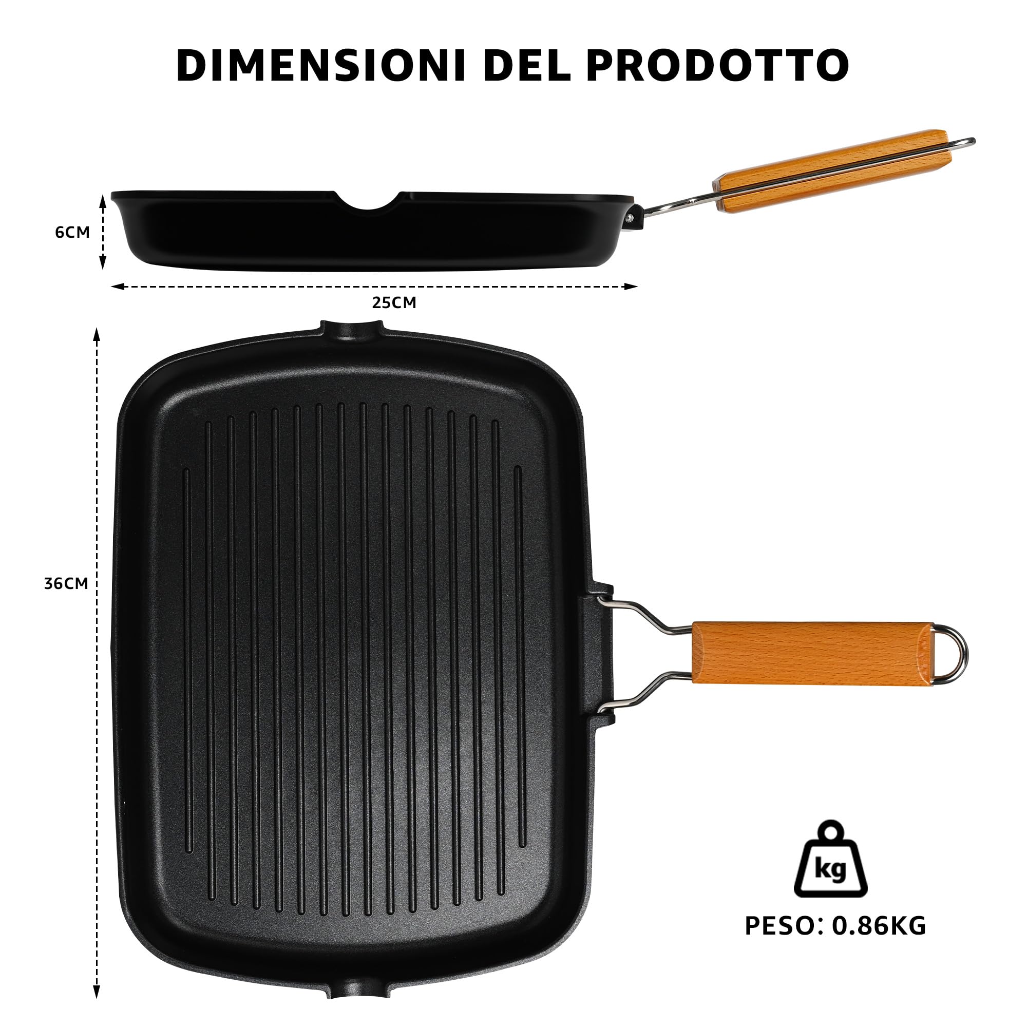Bistecchiera in Lega di Alluminio Antiaderente con Rivestimento Antiaderente 36x25x6 cm con Manico in Legno Pieghevole, Adatta a Gas, Induzione ed Elettrico