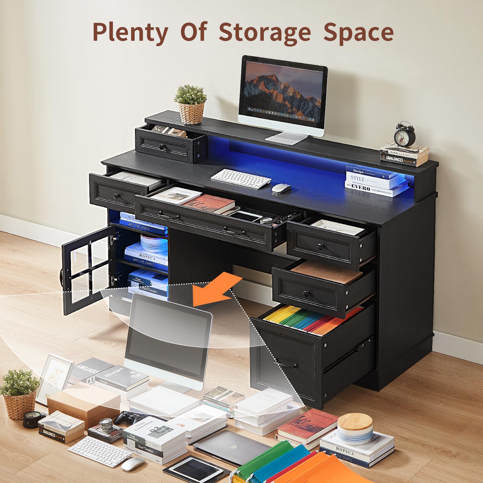 HAUOMS Farmhouse Executive Desk with Drawers Computer Desk with File Drawers, Power Outlet and Led Lights, Executive Office Desk with Storage Cabinet and Monitor Shelf for Home Office, Black