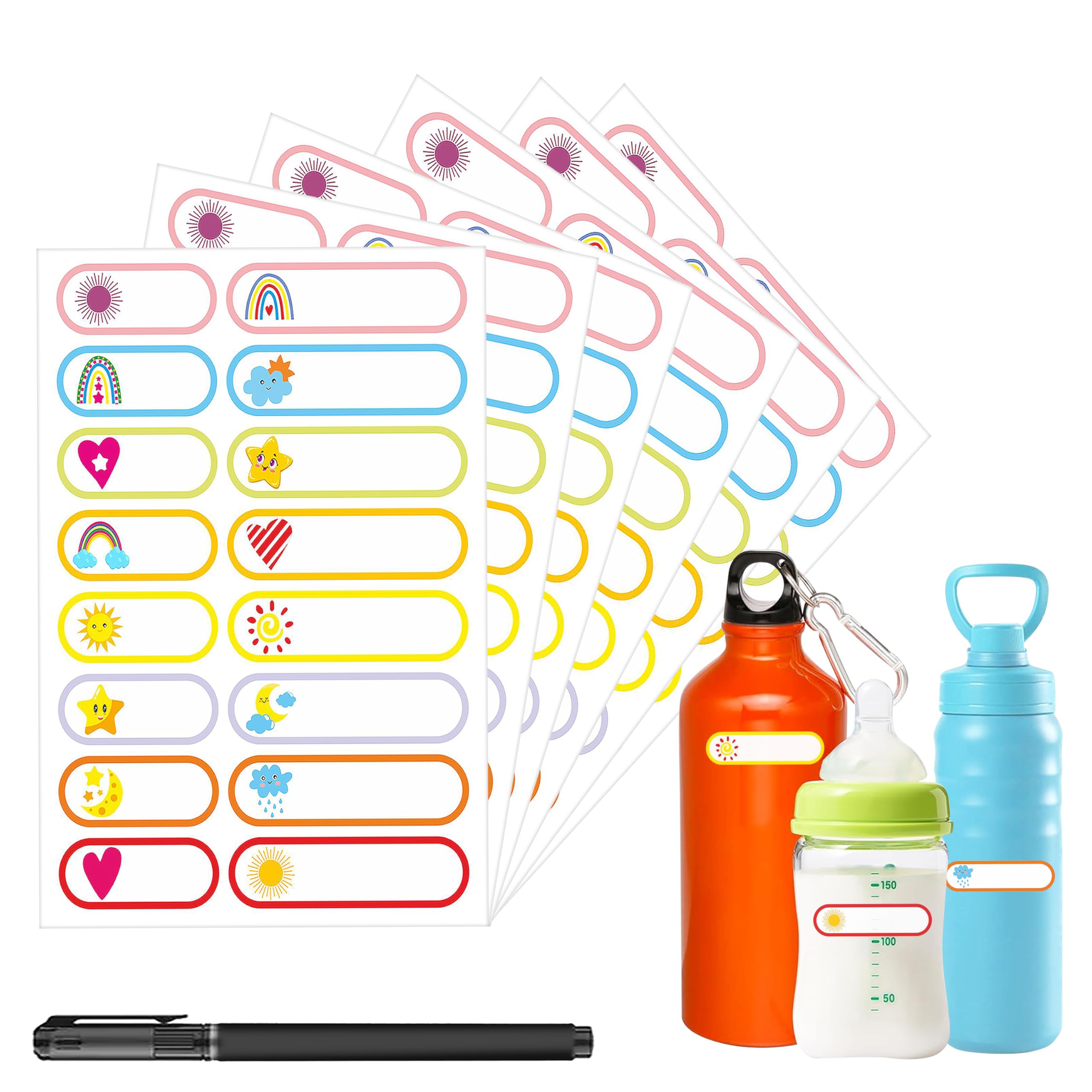 GLUN® Waterproof Name Stickers Pack of 4 (Total 480 Labels, 40 Sheets), Durable for Baby Kids Bottles, Lunch Clothes, Kitchen & Pantry Self-Adhesive Reusable Labels