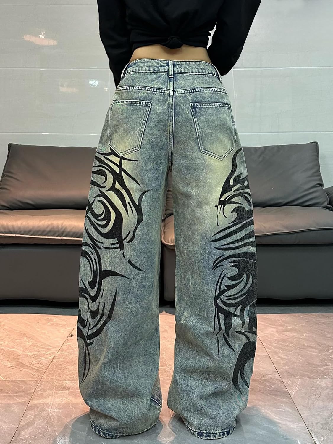 Womens Wide Leg Baggy Jeans with Unique Graphic Digital Prints Trendy Y2k Loose Fit Denim Baggy Pants Streetwear