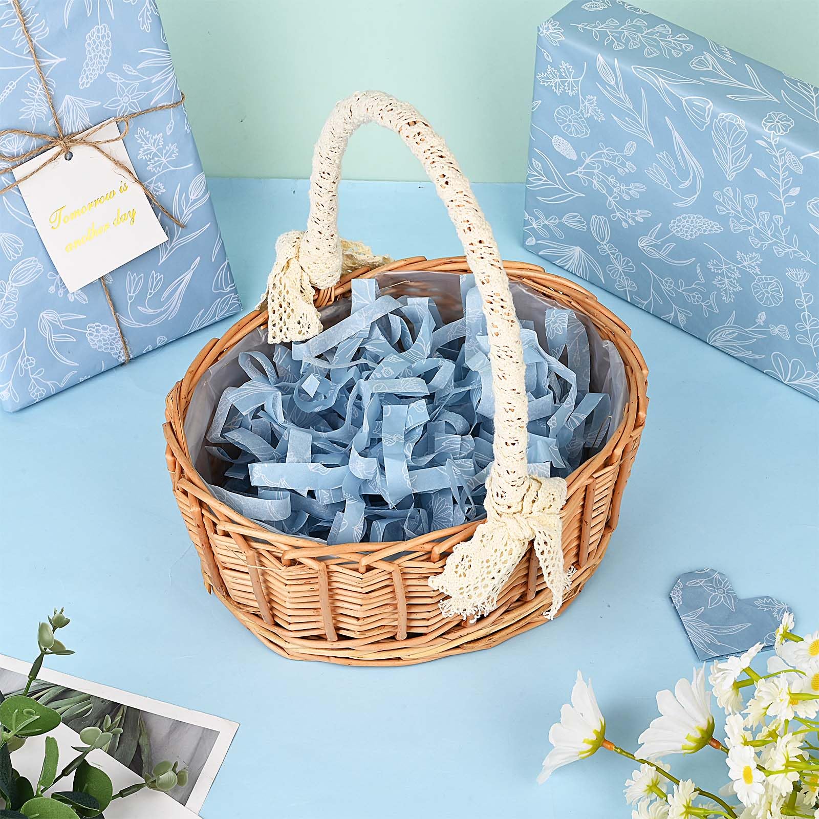 Lot de 100 feuilles de papier de soie à imprimé floral bleu poudré pour emballage cadeau, sac cadeau, décoration botanique, pour mariage, fête prénatale, loisirs créatifs