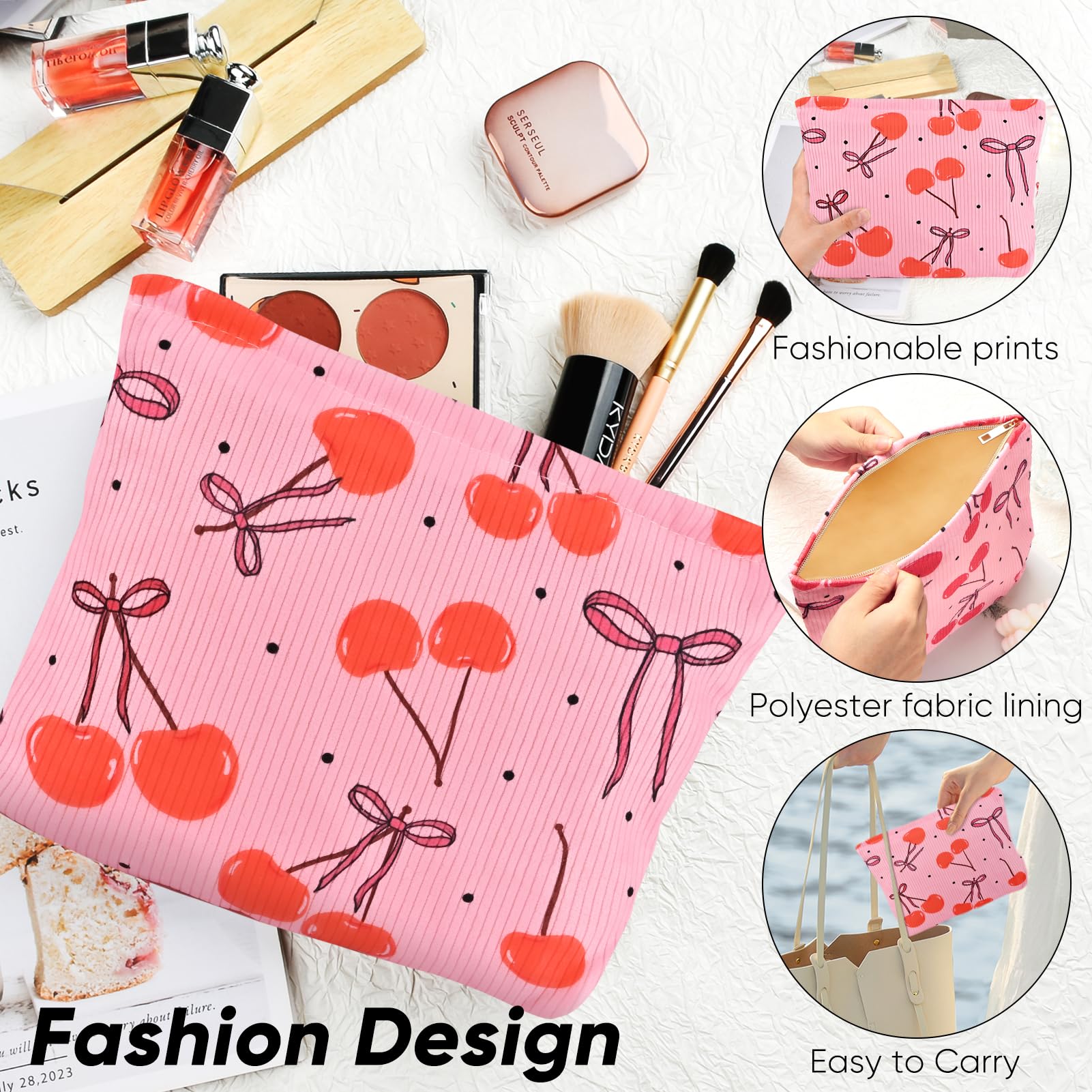 Ksriylm Cute Corduroy Cosmetic Bag for WomenCherry and Bow Canvas Toiletry Organizer Storage with Purse ZipperSmall Pink Multifunctional Travel Makeup BagAesthetic Travel Toiletry Bags - Image 4