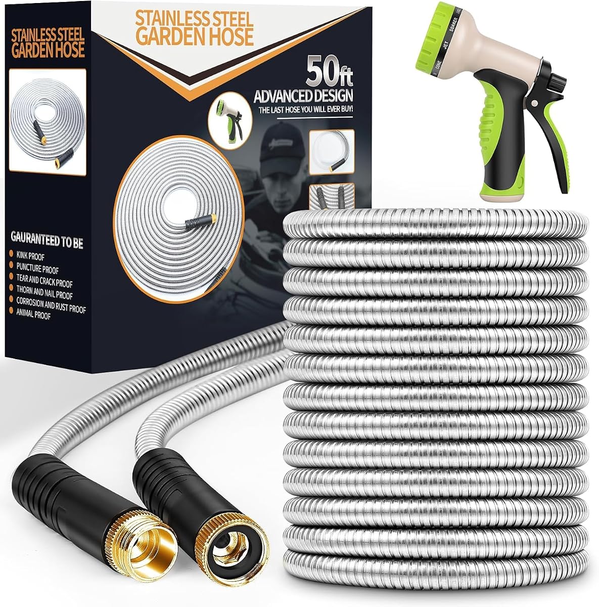 Unywarse Garden Hose 50FT Metal Water Hose with 10 Function Nozzle No-Kink | Flexible, Leak-proof, Heavy Duty, Lightweight, Pet Proof, Puncture Proof Stainless Steel Hose for Yard, Outdoor