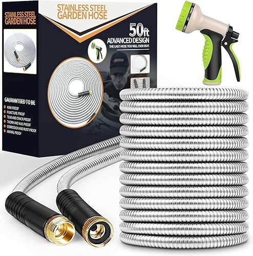Garden Hose 50 ft, Stainless Steel Water Hose with 10 Function Nozzle Flexible, Heavy Duty, Lightweight, No-Kink, Pet Proof, Puncture Proof Hose Metal for Yard, Outdoor