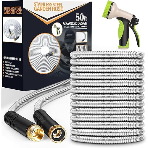 Garden Hose 50 ft, Stainless Steel Water Hose with 10 Function Nozzle Flexible, Heavy Duty, Lightweight, No-Kink, Pet Proof, Puncture Proof Hose Metal for Yard, Outdoor