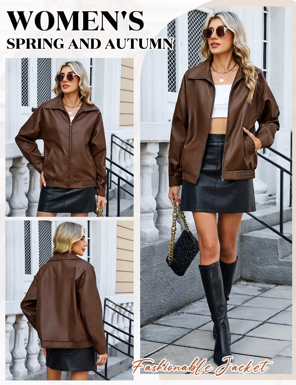 CMTOP Veste Femme Cuir Blouson Femme PU Simili Cuir, Décontractée Mode Y2K Veste mi Saison, Motard Biker Bombers Blousons Léger Zippé Jacket avec Poches pour Printemps Automne