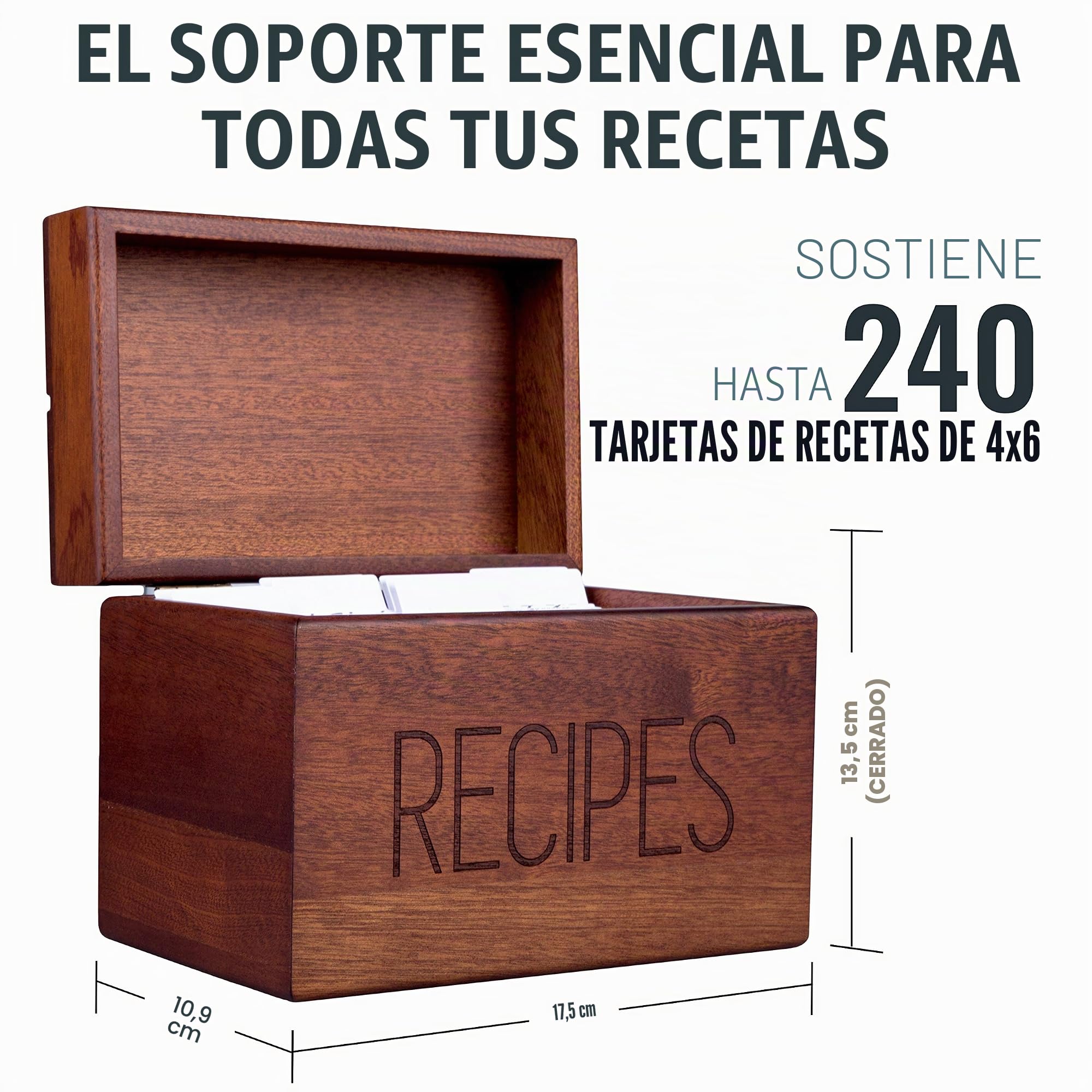 Apace Living Caja de recetas Sapele con tarjetas y divisores de Apace - Caja para tarjetas de madera de estilo vintage de 4 x 6 con soporte para recetas - Exclusivamente de la colección Premier