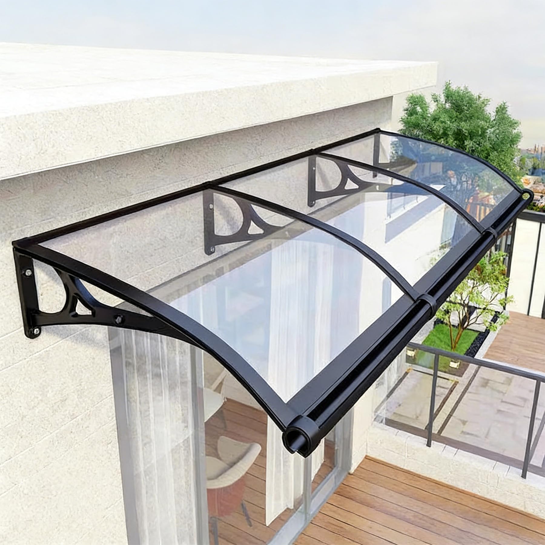 Pensiline per Esterno,Pensilina Policarbonato,Tetto Antipioggia e Anti-UV per Porta Balcone Ingresso, Staffe in Barra Centrale in Alluminio, Facile Montaggio-W*L:100 * 260cm