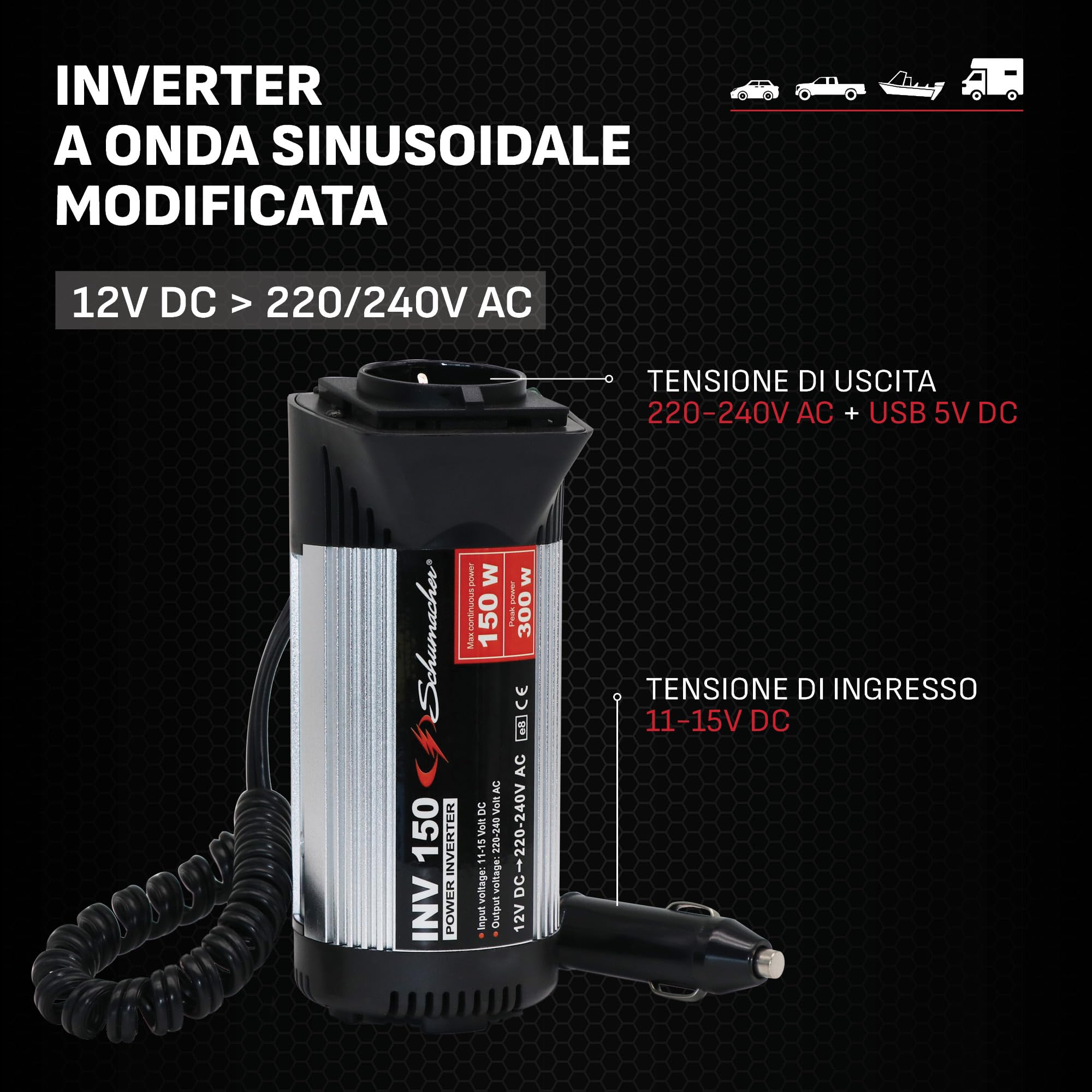 Schumacher Electric INV150 Inverter 12V 220V 300W con USB e Presa Accendisigari