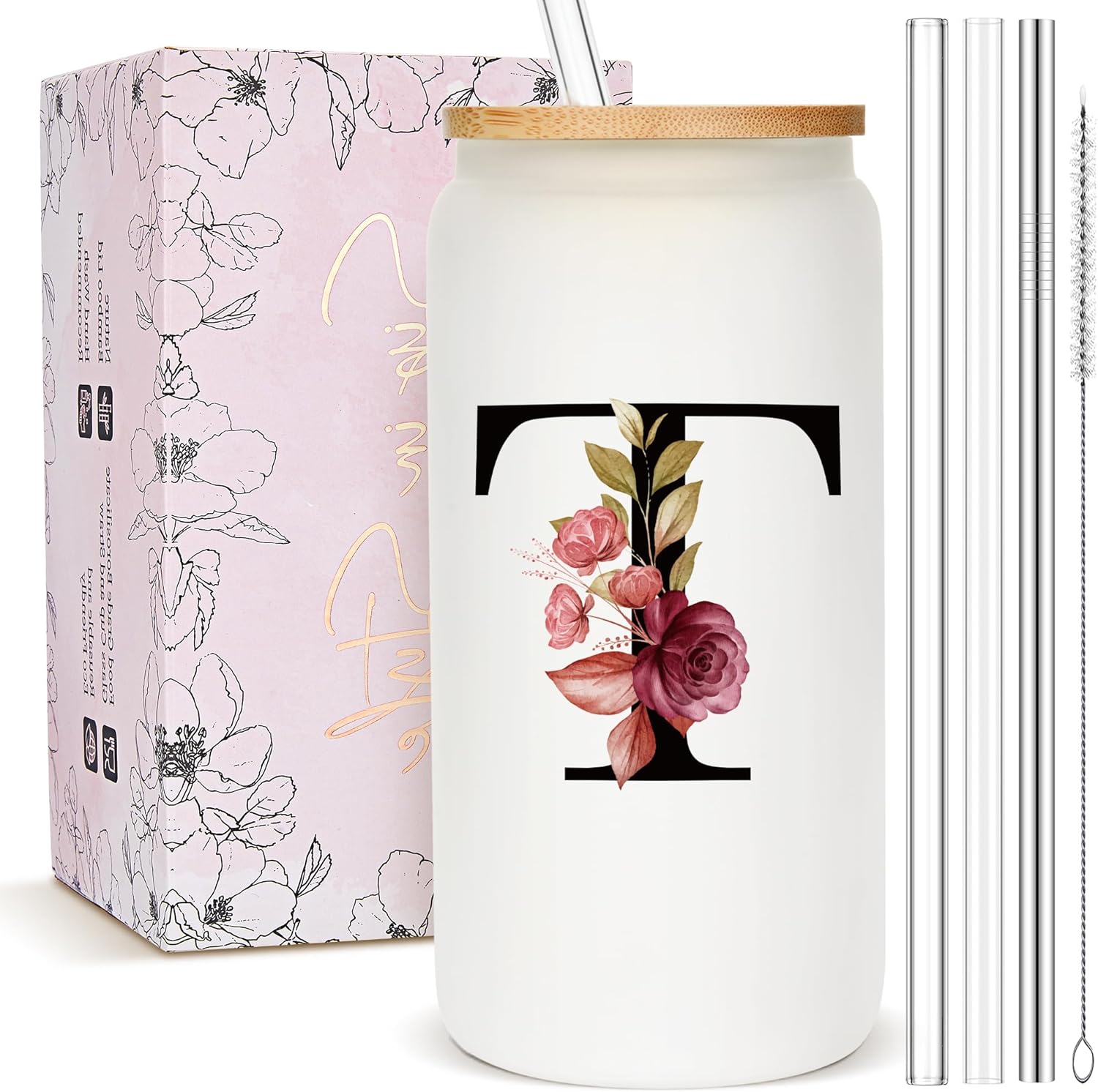 Personalized Gifts for Women, Monogrammed Frosted Glass Tumbler with Straw and Lid, Cute Customized Mug, Custom Initial Iced Coffee Glasses, Customizable Drinking Cup, Birthday Teacher Woman, T