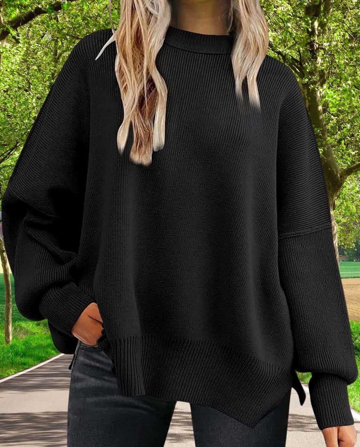 2025 Fall Womens Oversized Batwing Sweater Fashion Crew Neck Knit Side Slit Cozy Fall and Winter Pullover Sweater - Image 4