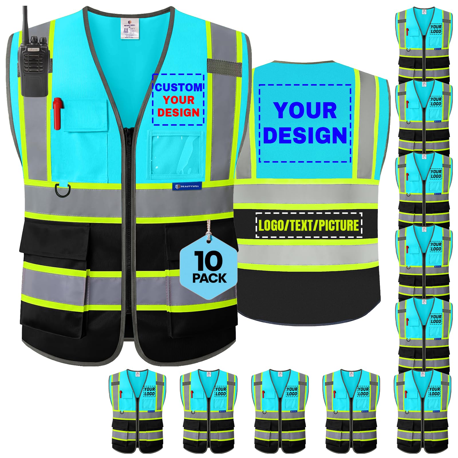 BeautyWill 10 Pack Custom Logo Safety Vest ANSI Class 2 High Visibility Reflective Vest Personalized Construction Vest Bulk