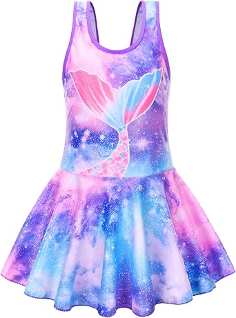 Akokvlar Girl One Piece Swimsuit with Skirt Bathing Suit Swimwear 3-16Y
