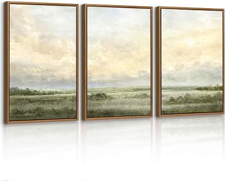3 Pcs Abstract Mist Wasteland Framed Canvas Wall Art Prints, Hazy Wilderness Landscape Wall Pictures Tranquillity Natural Scenery Canvas Painting Home Decor for Bedroom Living Room 30X40cmX3 Pcs