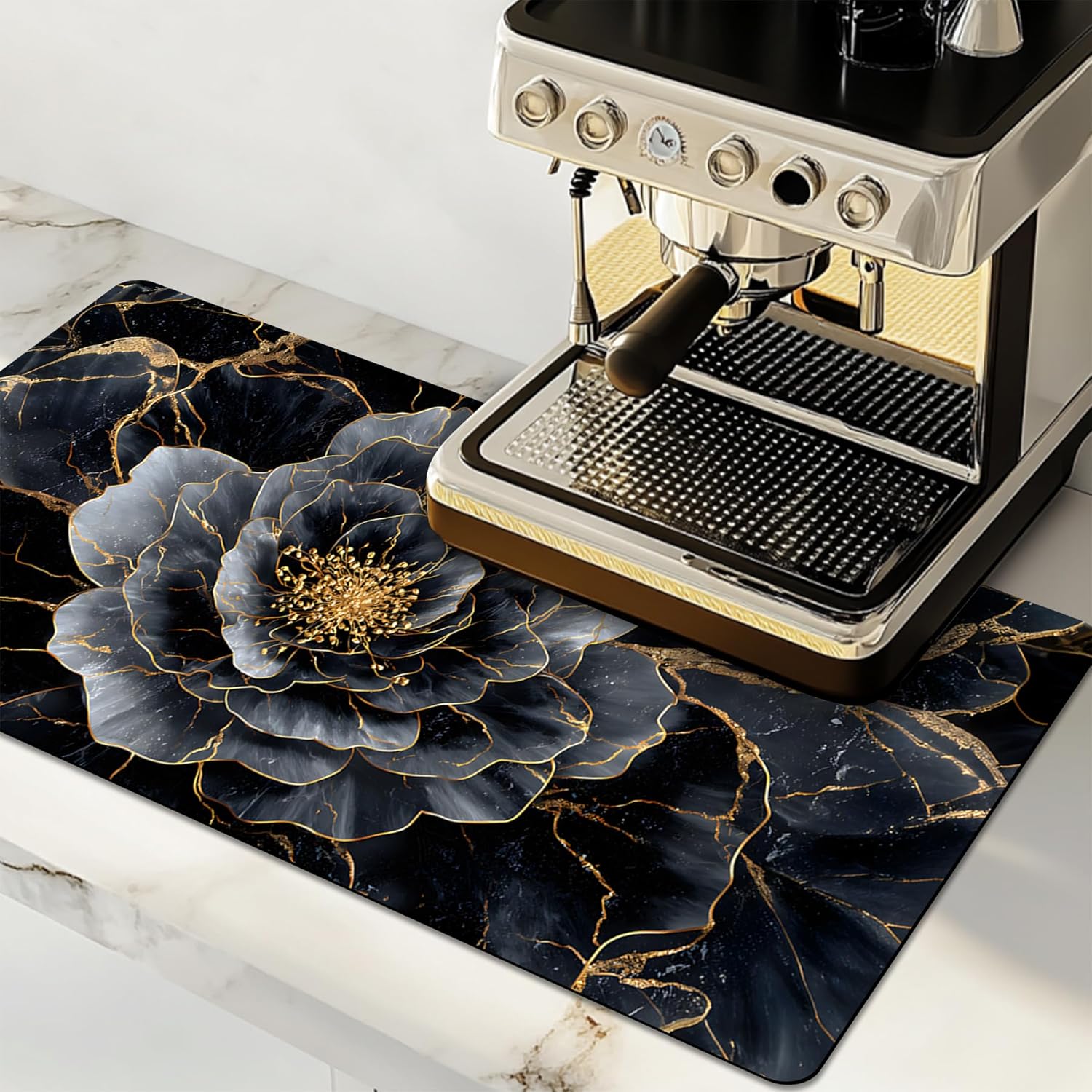 NYZE Coffee Mat Absorbent Non Slip Dish Drying Mat for Kitchen Countertops, Coffee Machine Mat Under Coffee Maker, Coffee Bar Accessories (Black Gold Floral, 32"L x 17"W)