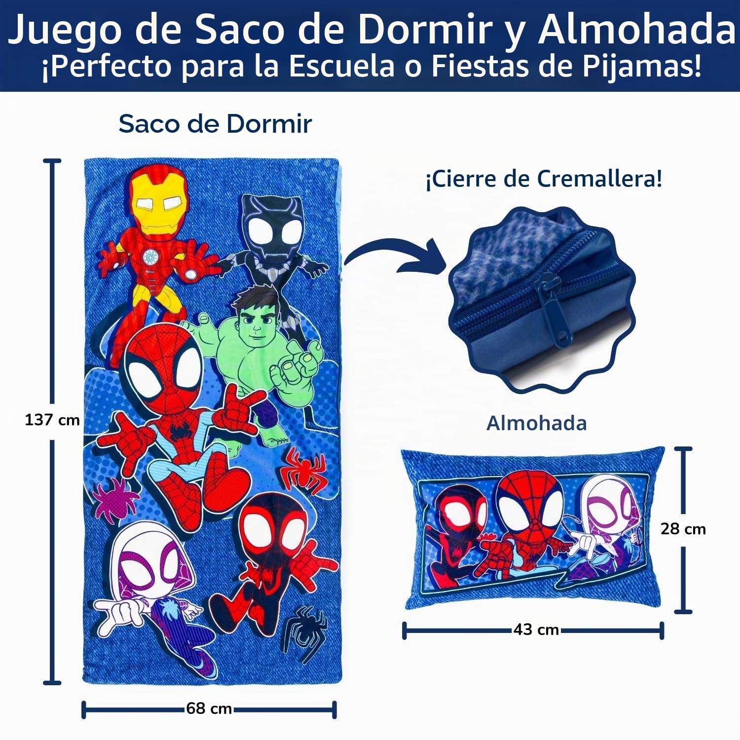 Set de 2 con Almohada y Manta de superhéroes Marvel, Suave Saco de Dormir Infantil con Bolsa y Almohada, para Fiestas de Pijamas, Viajes y acampadas