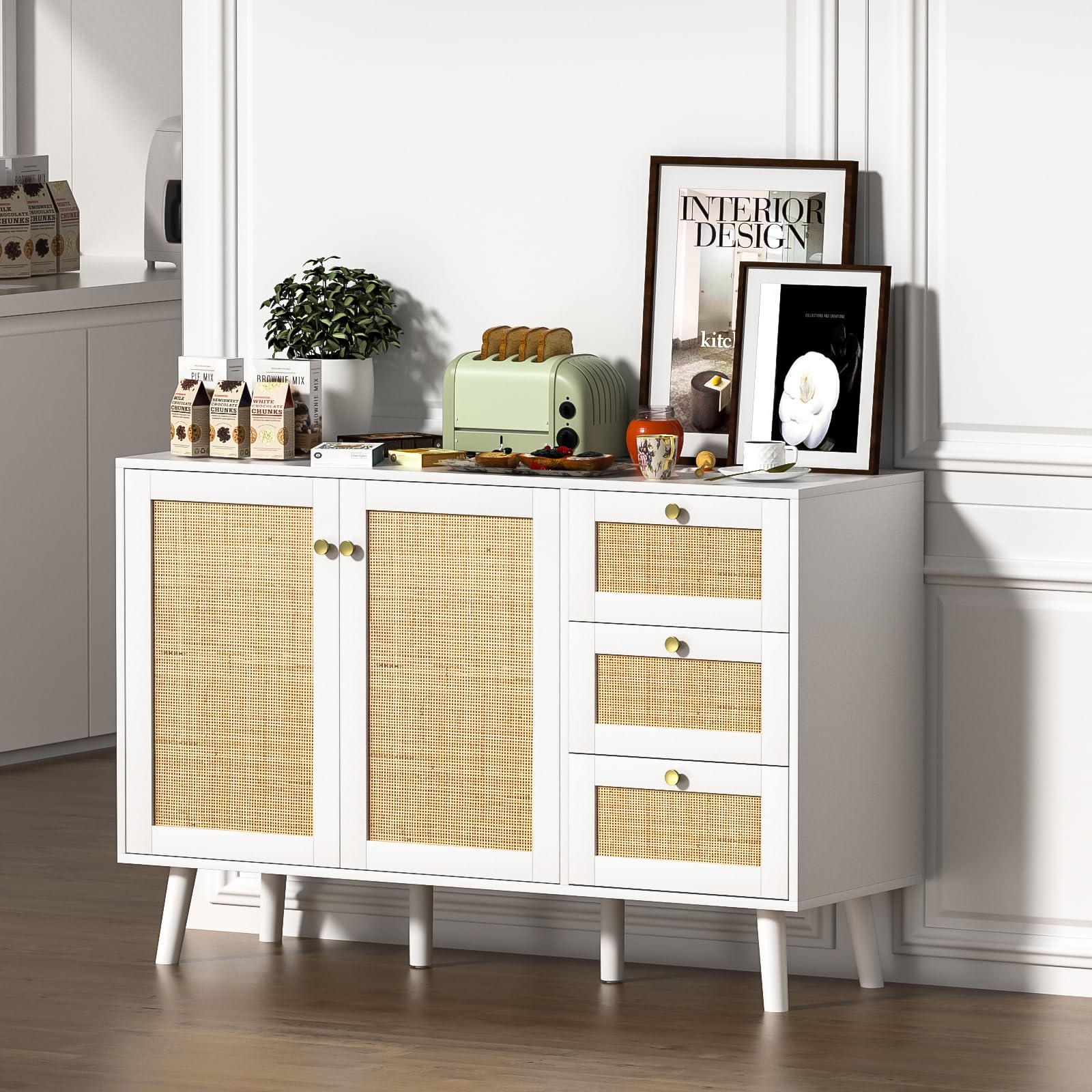 Rattan Sideboard Kommode, Weiß Aufbewahrungsschrank mit 2 Rattan Türen und 3 Schubladen für Esszimmer, Küche und Wohnzimmer, Küchenbuffet mit Verstellbares Regal Sideboard，120x40x82cm