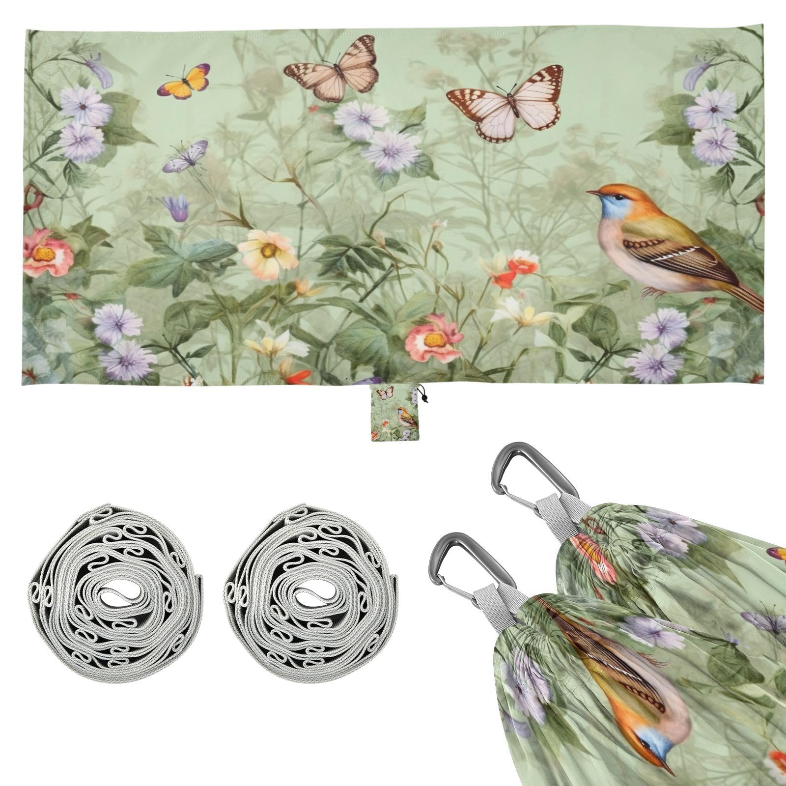 SDMKA Flower and Bird Green Camping Hammock, 330 lbs with 2 Tree Straps, Carry Bag, Single Portable Hammock for Outdoor/Indoor, Hiking, Beach, Backpacking, Travel