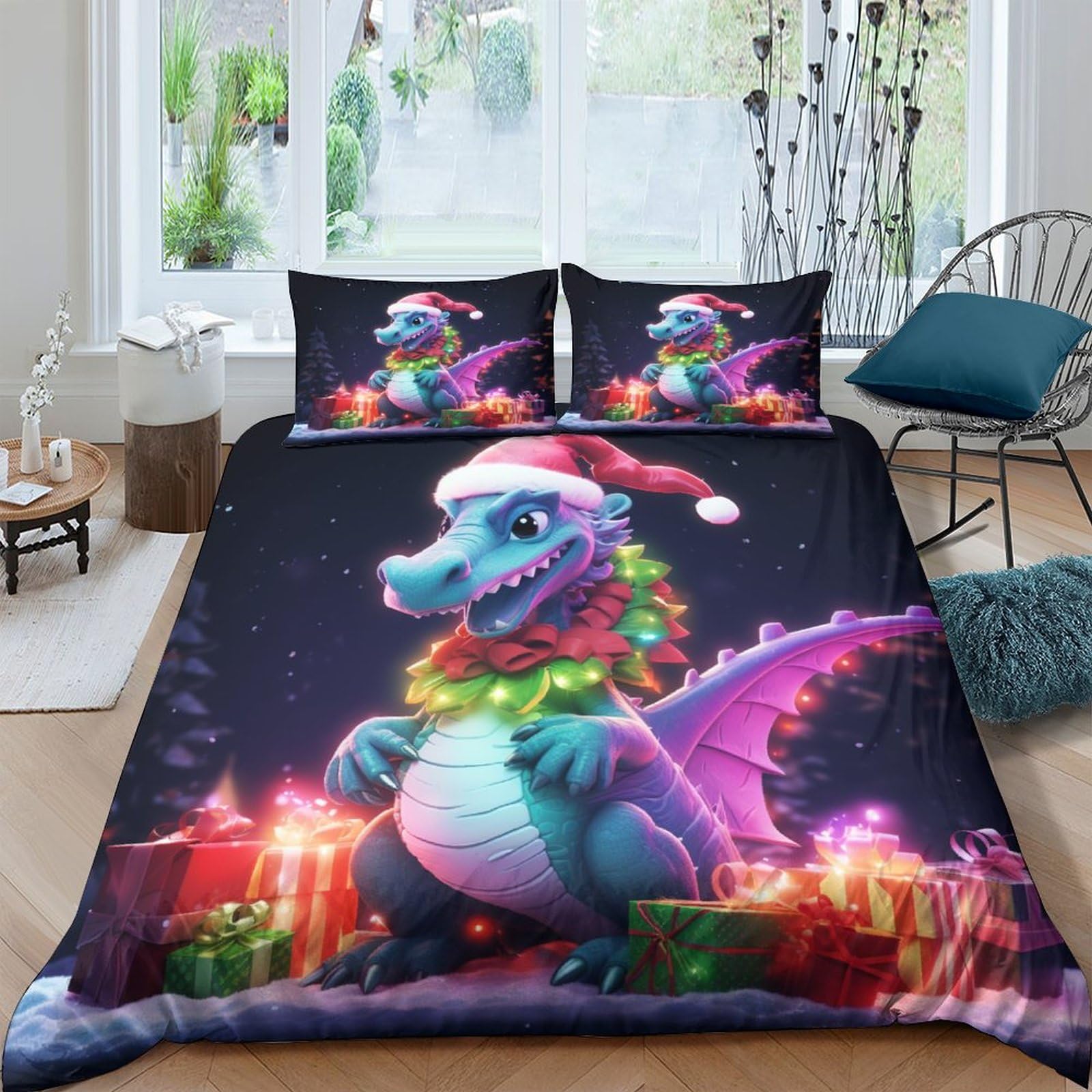 Housse de couette dinosaure 3D 3 pièces 200x200 parure de lit microfibre zippée adultes et enfants