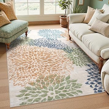 Hedlive Dahlia Washable Area Rugs 5x7, Boho Floral Rug for Bedroom Dorm, Multicolored Soft Low Pile Living Room Rugs,Leaves Non Slip Throw Carpet for Classroom Nursery Office,Multi